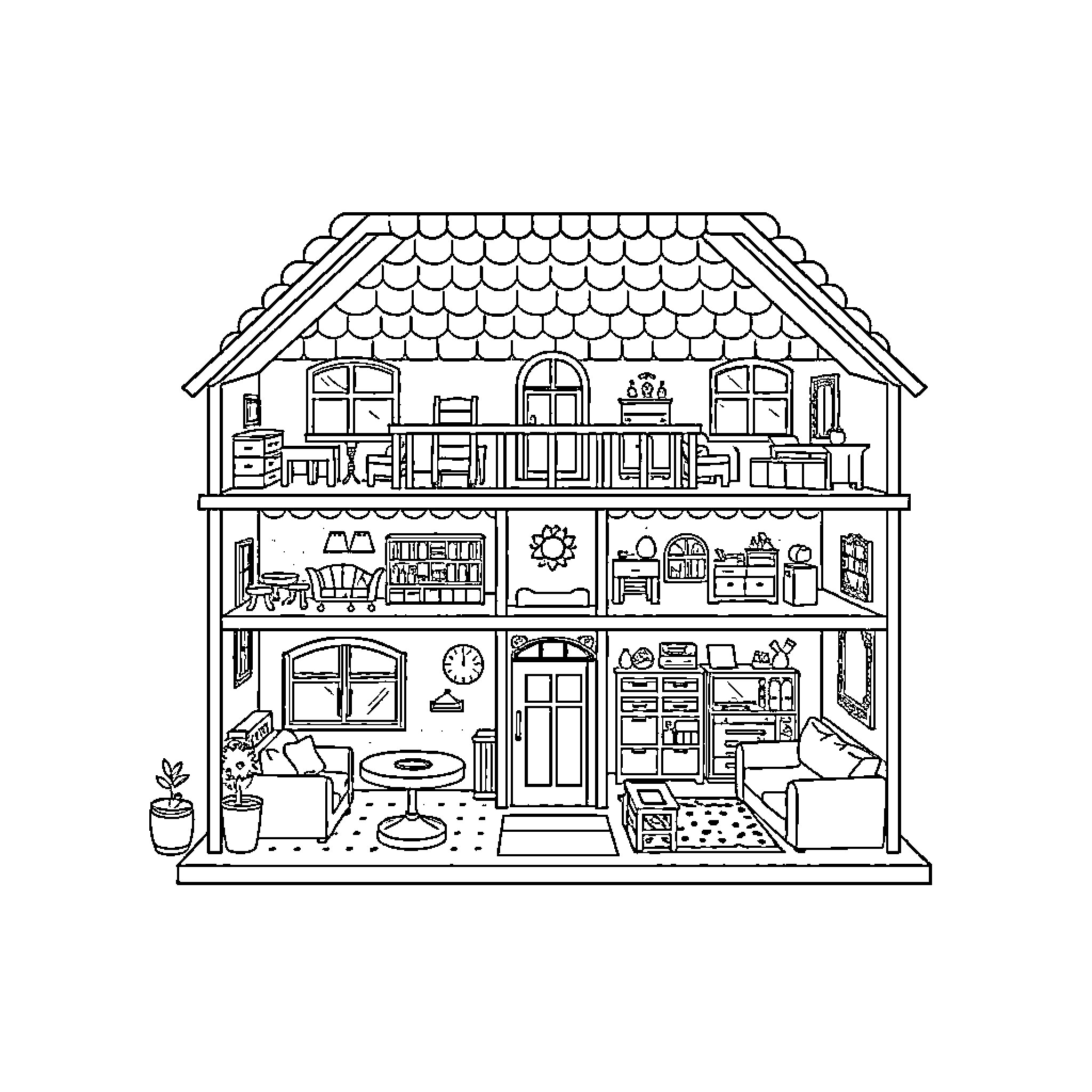 Gabby's Dollhouse with Furnishings and Decor Coloring Page (free black-and-white line drawing printable PDF for all, from beginners to advanced learners, including children, teens, adults, and seniors)