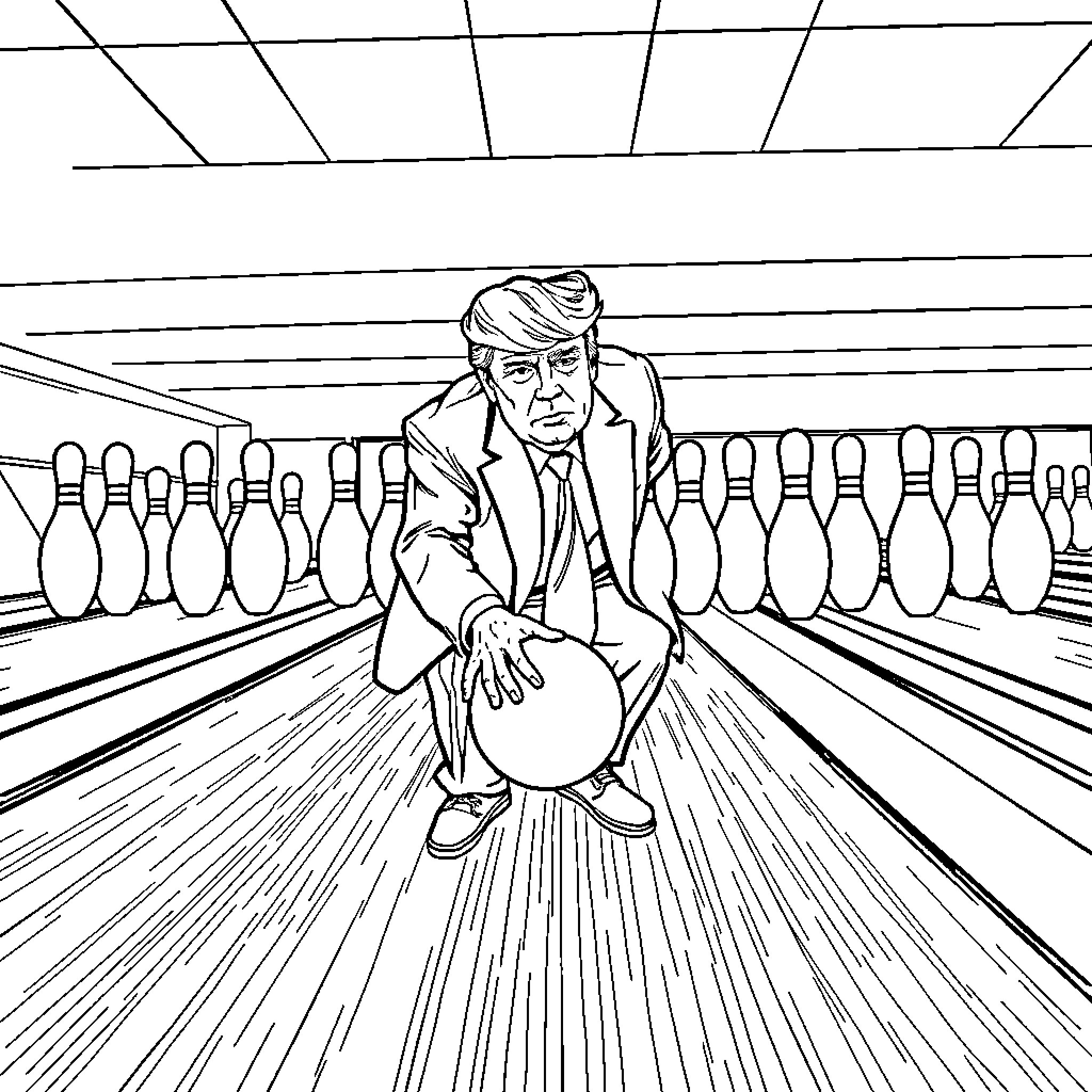 Trump Bowling Aggressively in Suit Coloring Page (free black-and-white line drawing printable PDF for all, from beginners to advanced learners, including children, teens, adults, and seniors)