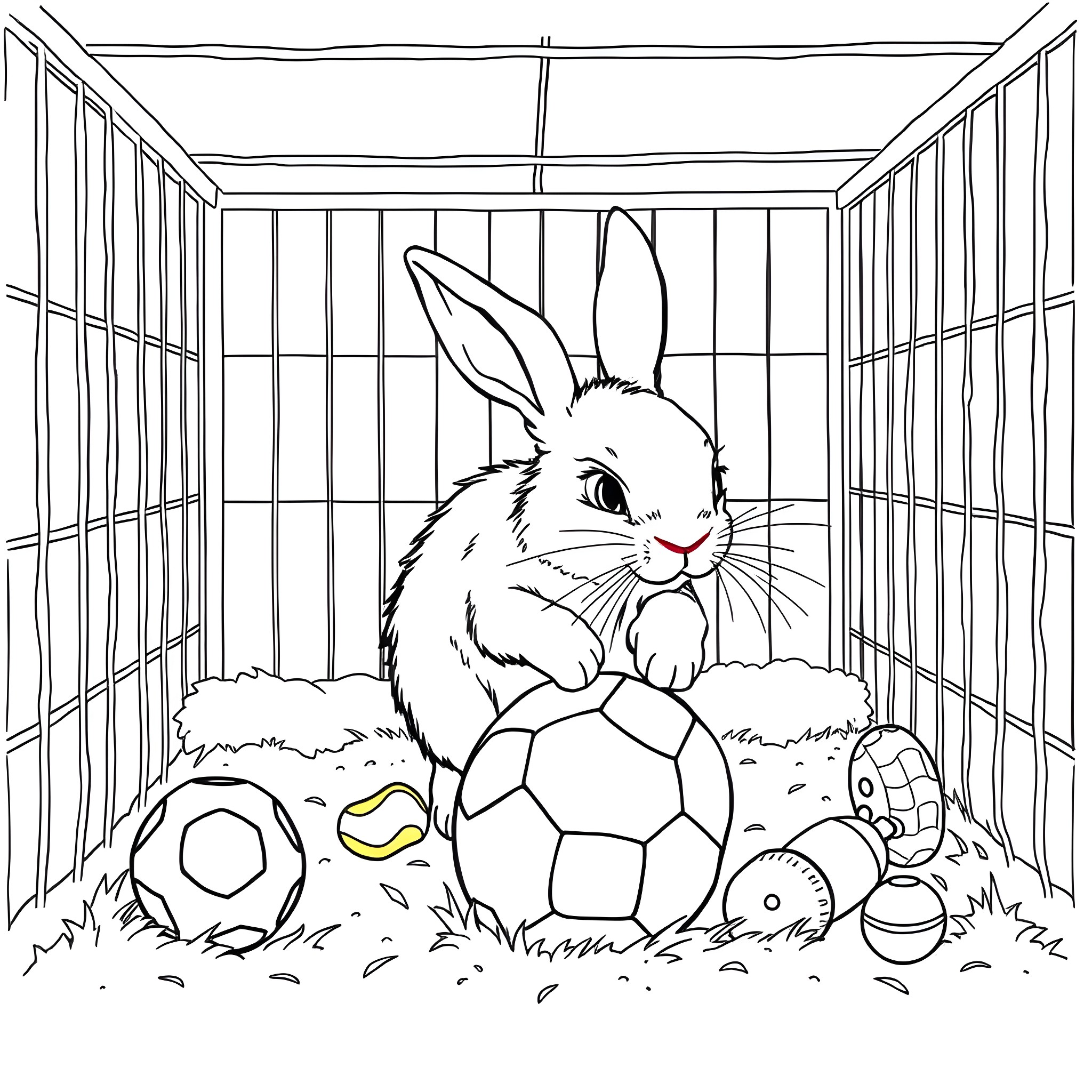 Bunny in a cage with toys and balls Coloring Page (free black-and-white line drawing printable PDF for all, from beginners to advanced learners, including children, teens, adults, and seniors)