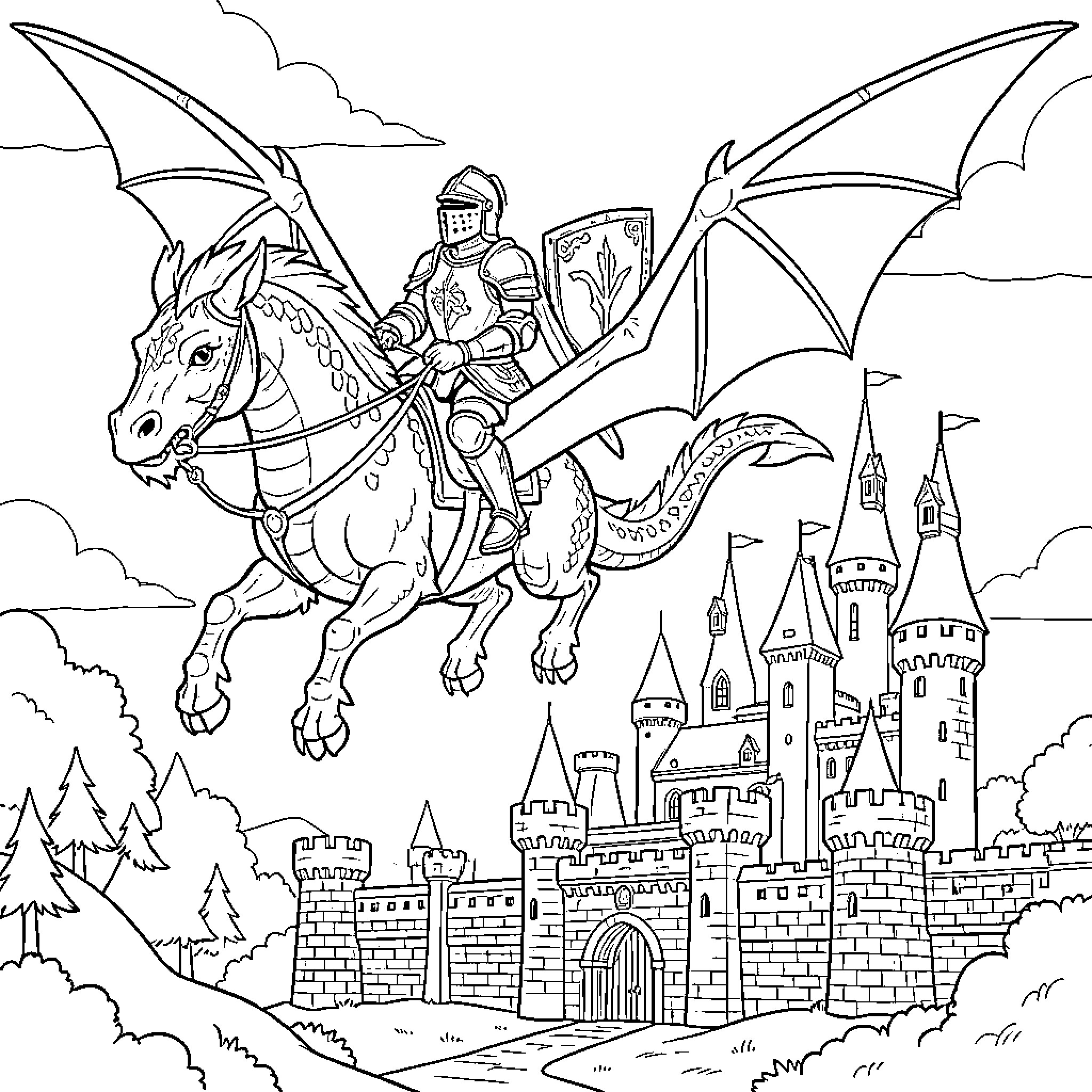 Knight riding a winged creature over a castle Coloring Page (free black-and-white line drawing printable PDF for all, from beginners to advanced learners, including children, teens, adults, and seniors)