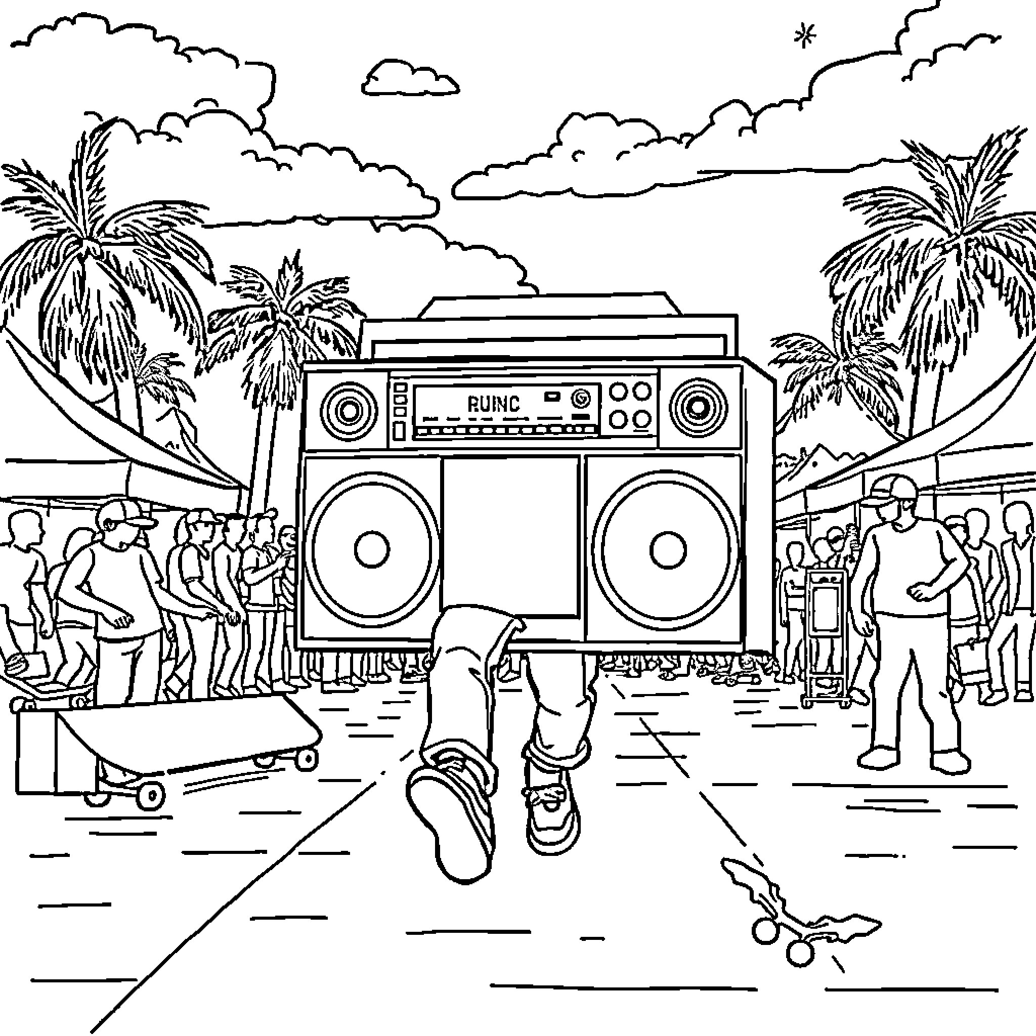 Stereo scene with music and dancing on the beach Coloring Page (free black-and-white line drawing printable PDF for all, from beginners to advanced learners, including children, teens, adults, and seniors)