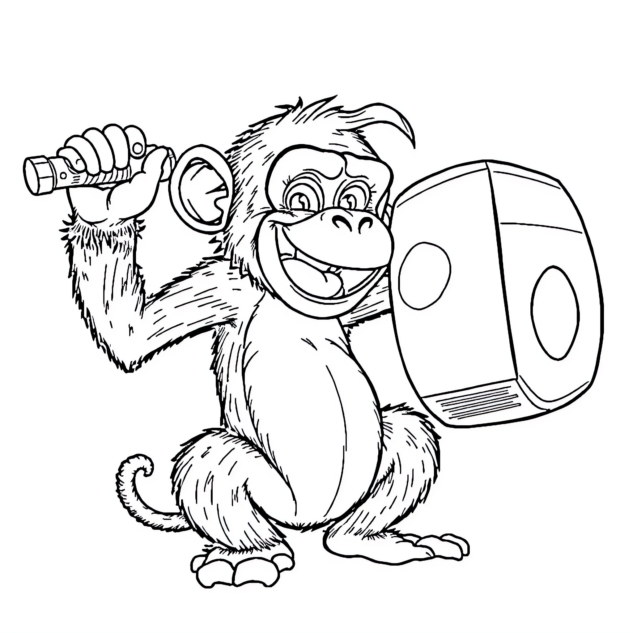 Chimp holding a flashlight and sitting near a speaker Coloring Page (free black-and-white line drawing printable PDF for all, from beginners to advanced learners, including children, teens, adults, and seniors)