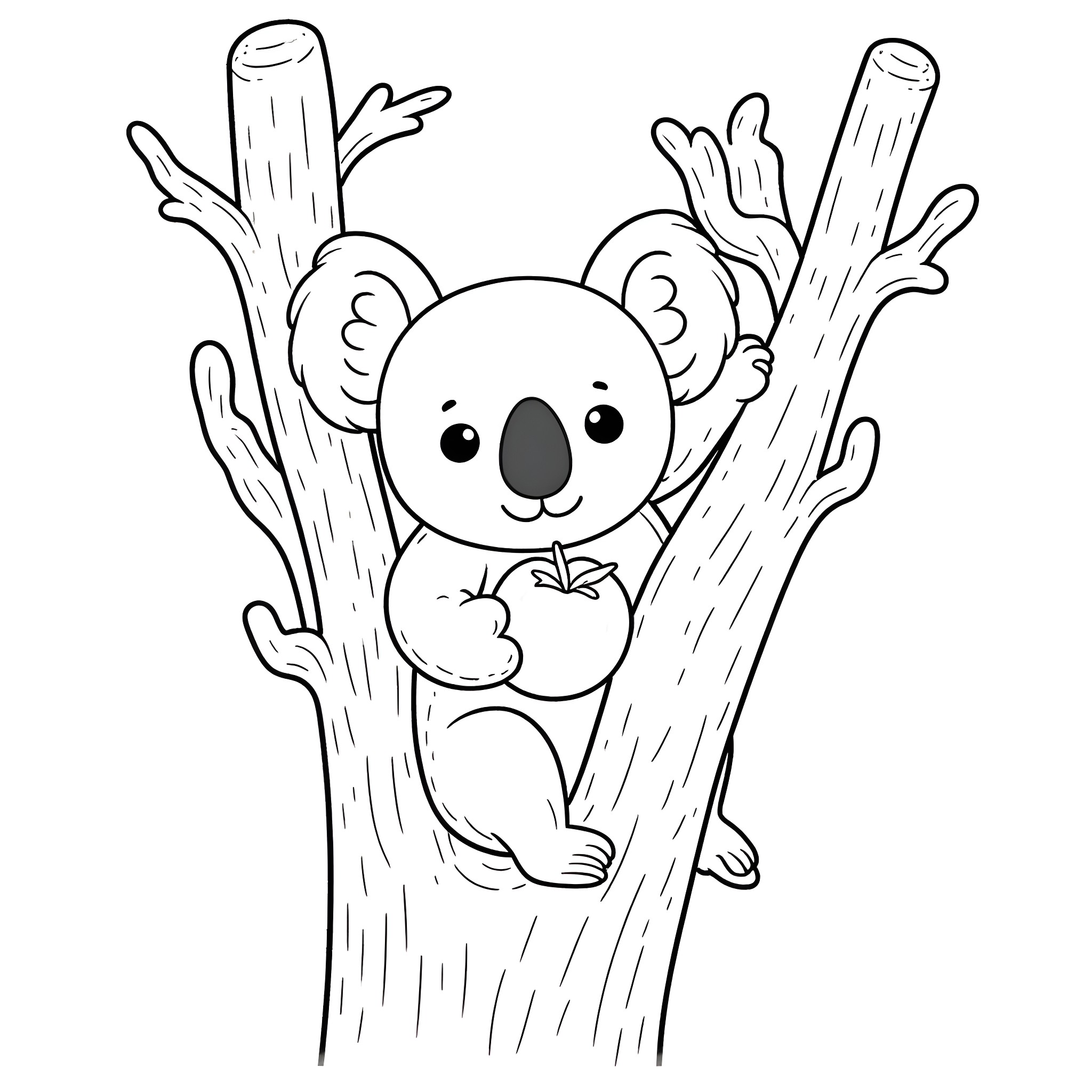 Koala peeking out from a tree Coloring Page (free black-and-white line drawing printable PDF for all, from beginners to advanced learners, including children, teens, adults, and seniors)