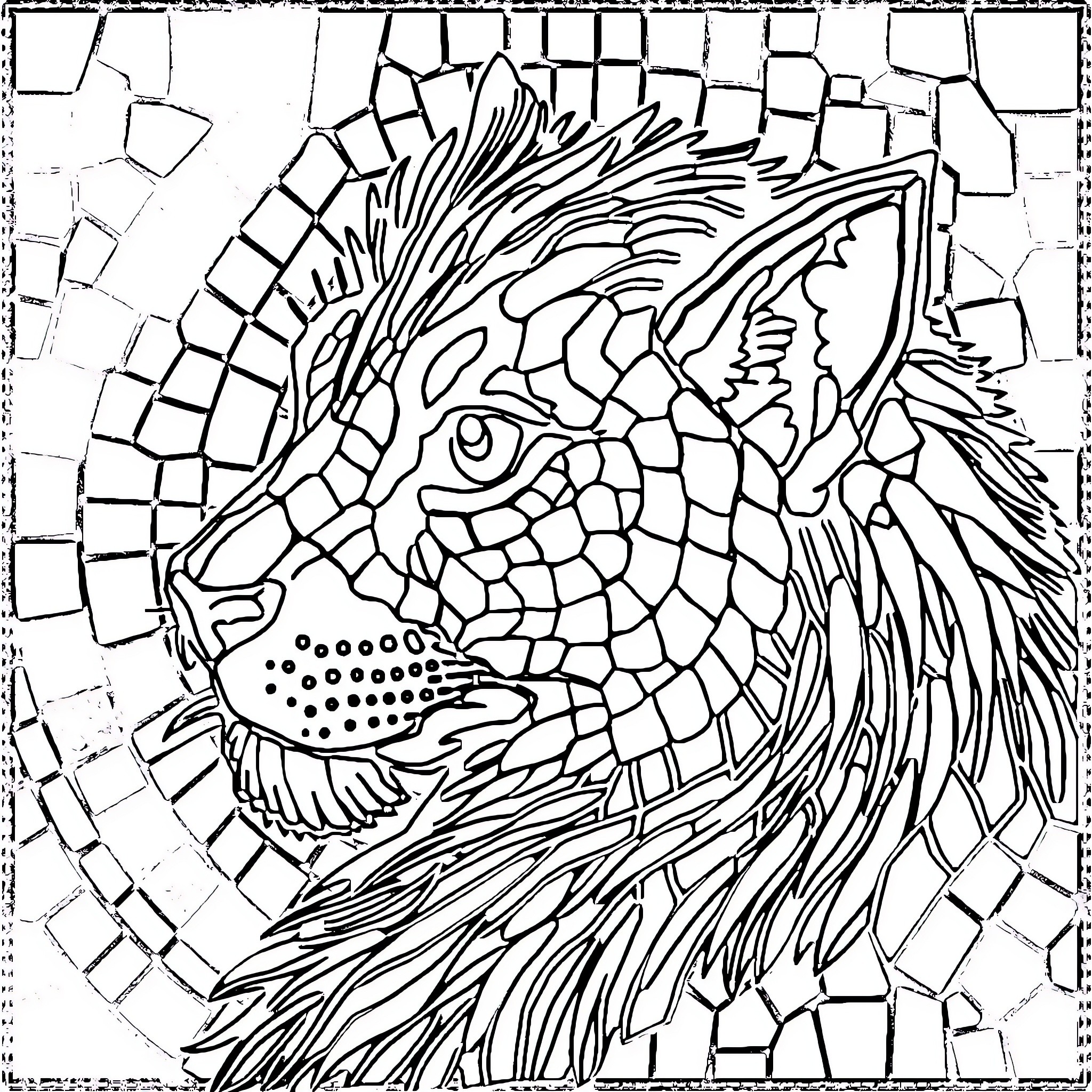 Mosaic of a Majestic Lion's Face Coloring Page (free black-and-white line drawing printable PDF for all, from beginners to advanced learners, including children, teens, adults, and seniors)
