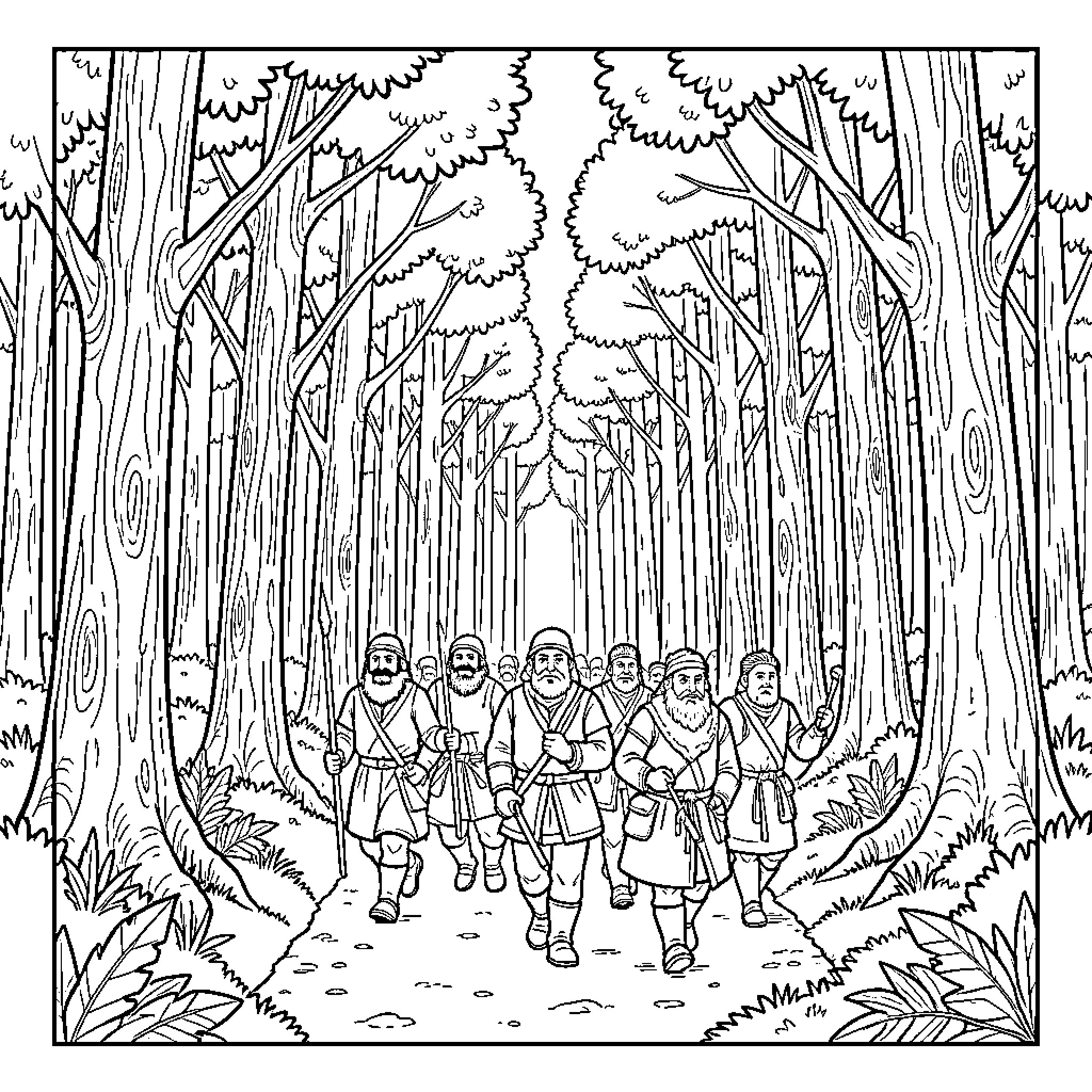 Grogon group of men walking through a dense forest Coloring Page (free black-and-white line drawing printable PDF for all, from beginners to advanced learners, including children, teens, adults, and seniors)