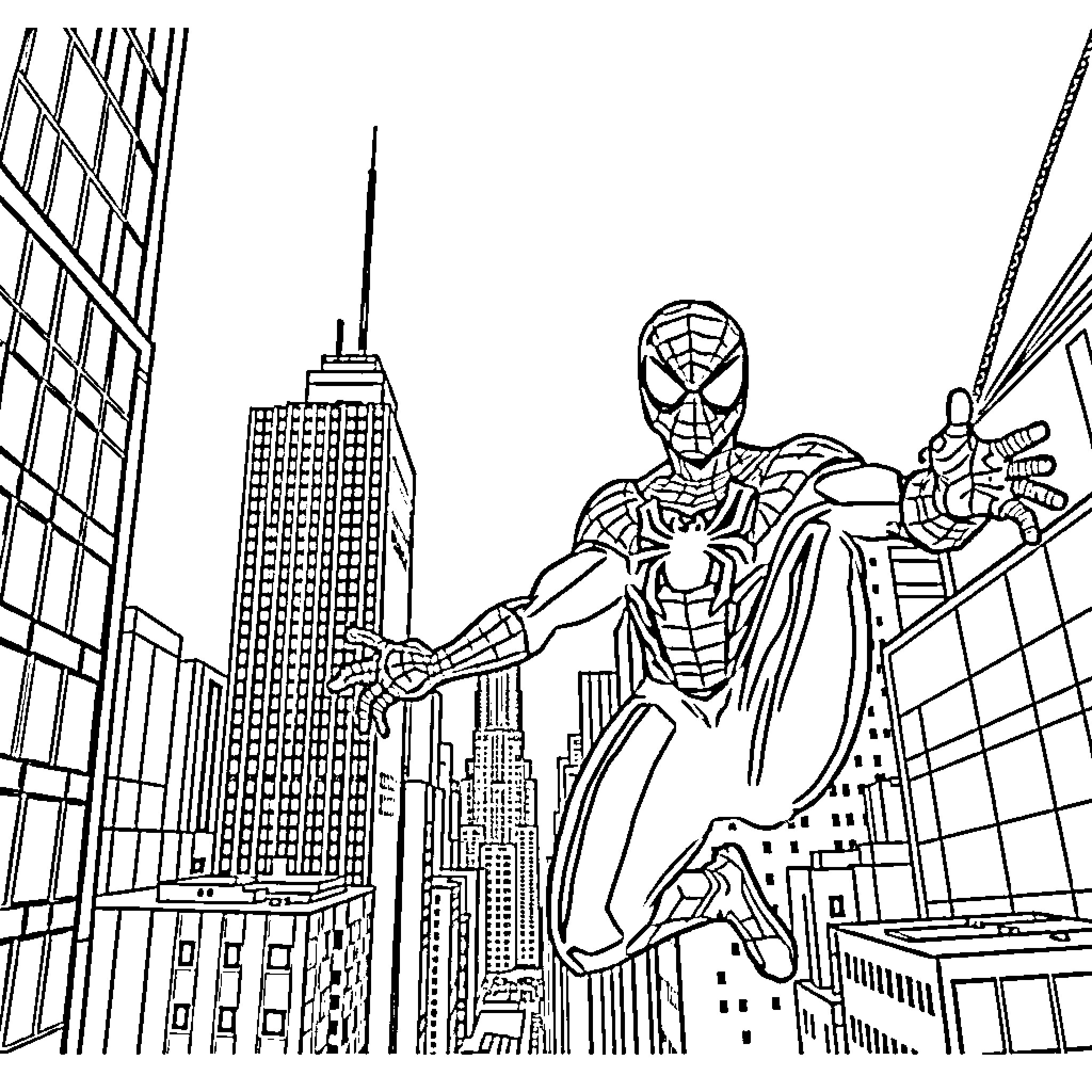 Spiderman swinging through a city skyline Coloring Page (free black-and-white line drawing printable PDF for all, from beginners to advanced learners, including children, teens, adults, and seniors)