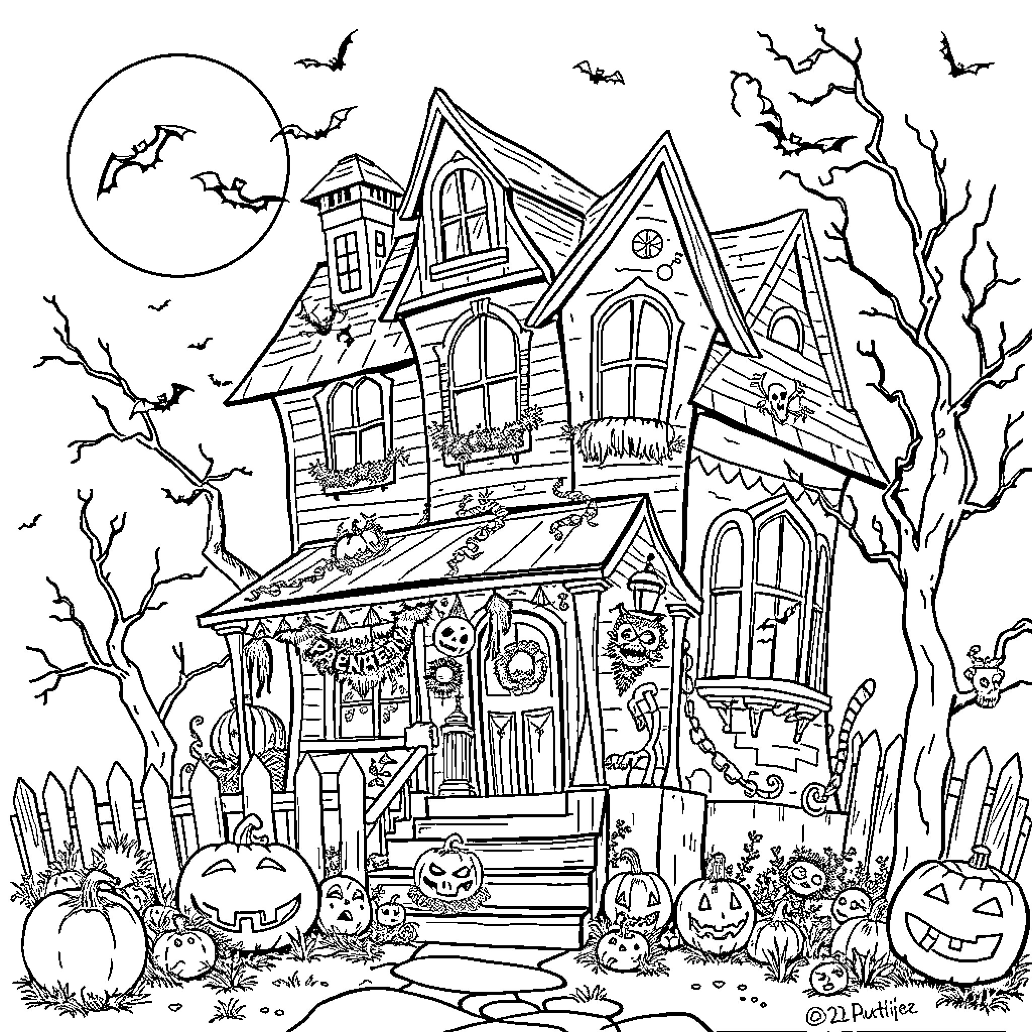 Haunted House with Spooky Decorations and Creatures Coloring Page (free black-and-white line drawing printable PDF for all, from beginners to advanced learners, including children, teens, adults, and seniors)
