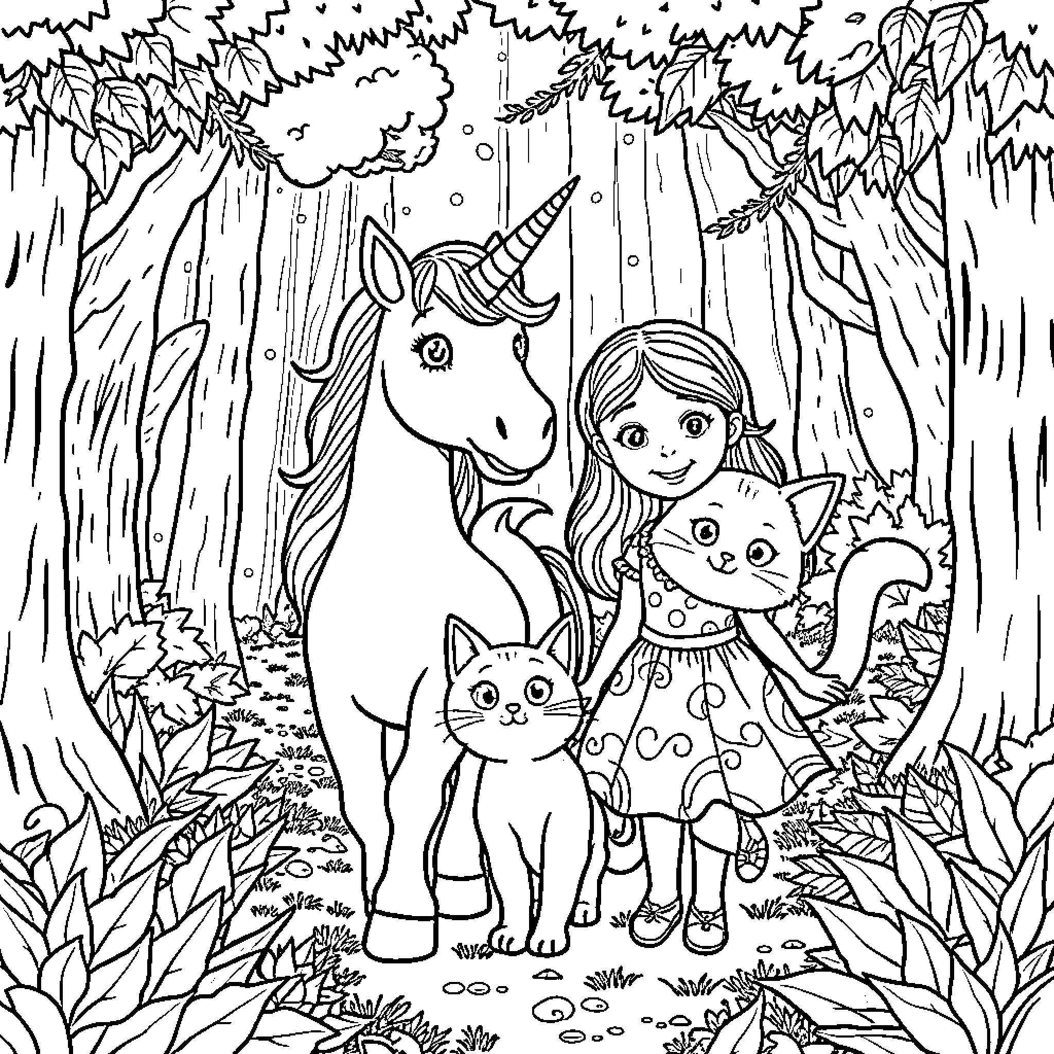 Unicorn and child explore enchanted forest Coloring Page (free black-and-white line drawing printable PDF for all, from beginners to advanced learners, including children, teens, adults, and seniors)