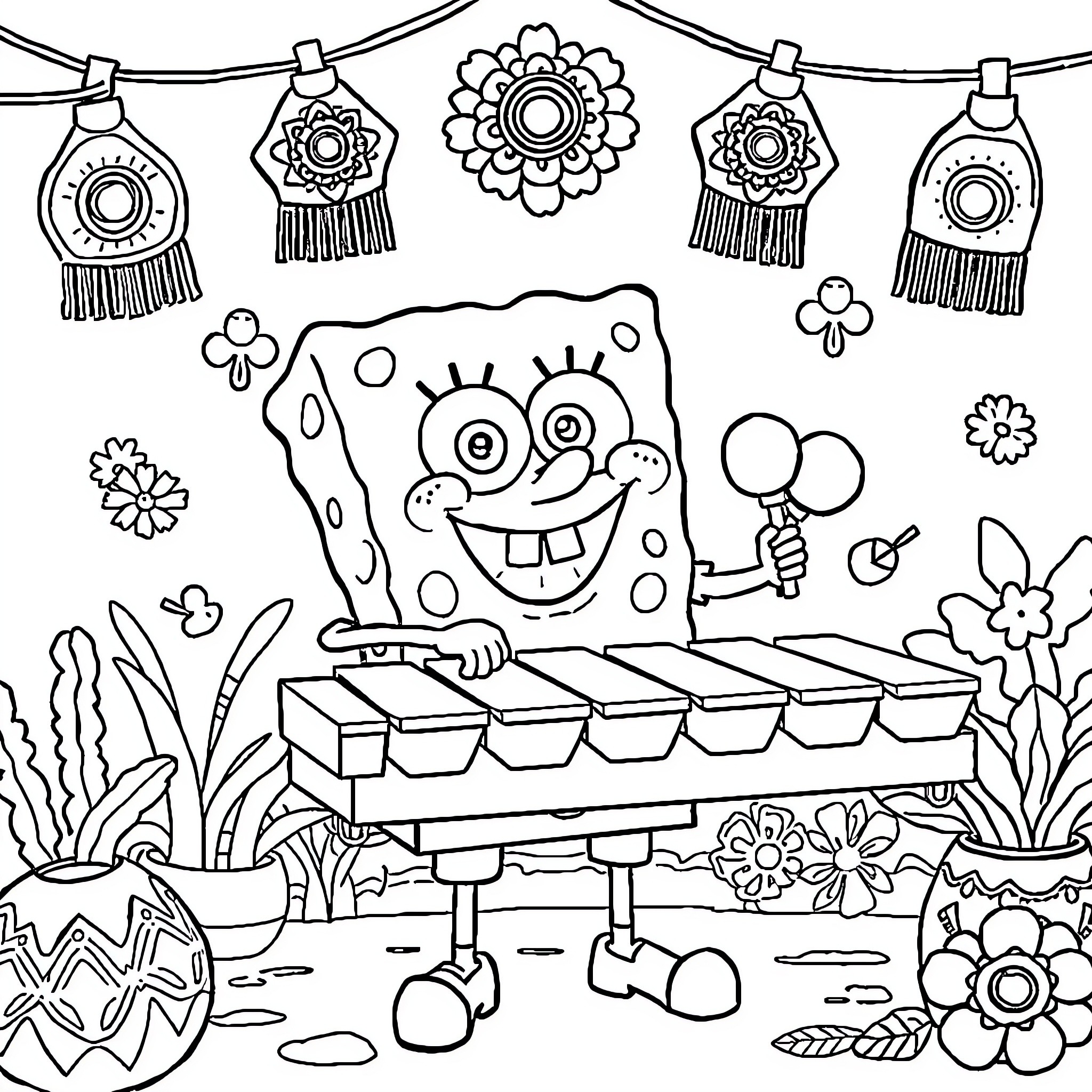 Spongebob playing joyfully with music in a festive garden Coloring Page (free black-and-white line drawing printable PDF for all, from beginners to advanced learners, including children, teens, adults, and seniors)
