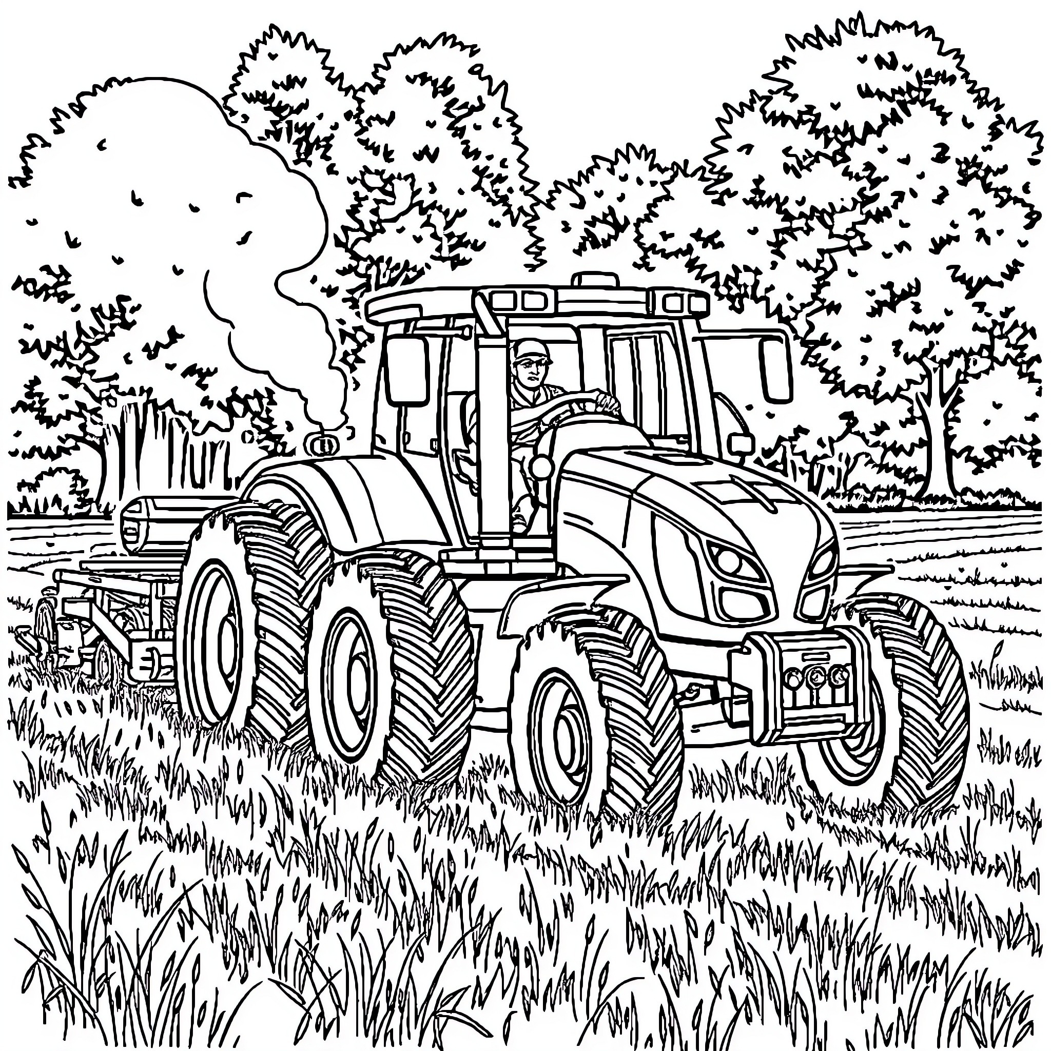 Tractor working diligently in the countryside Coloring Page (free black-and-white line drawing printable PDF for all, from beginners to advanced learners, including children, teens, adults, and seniors)