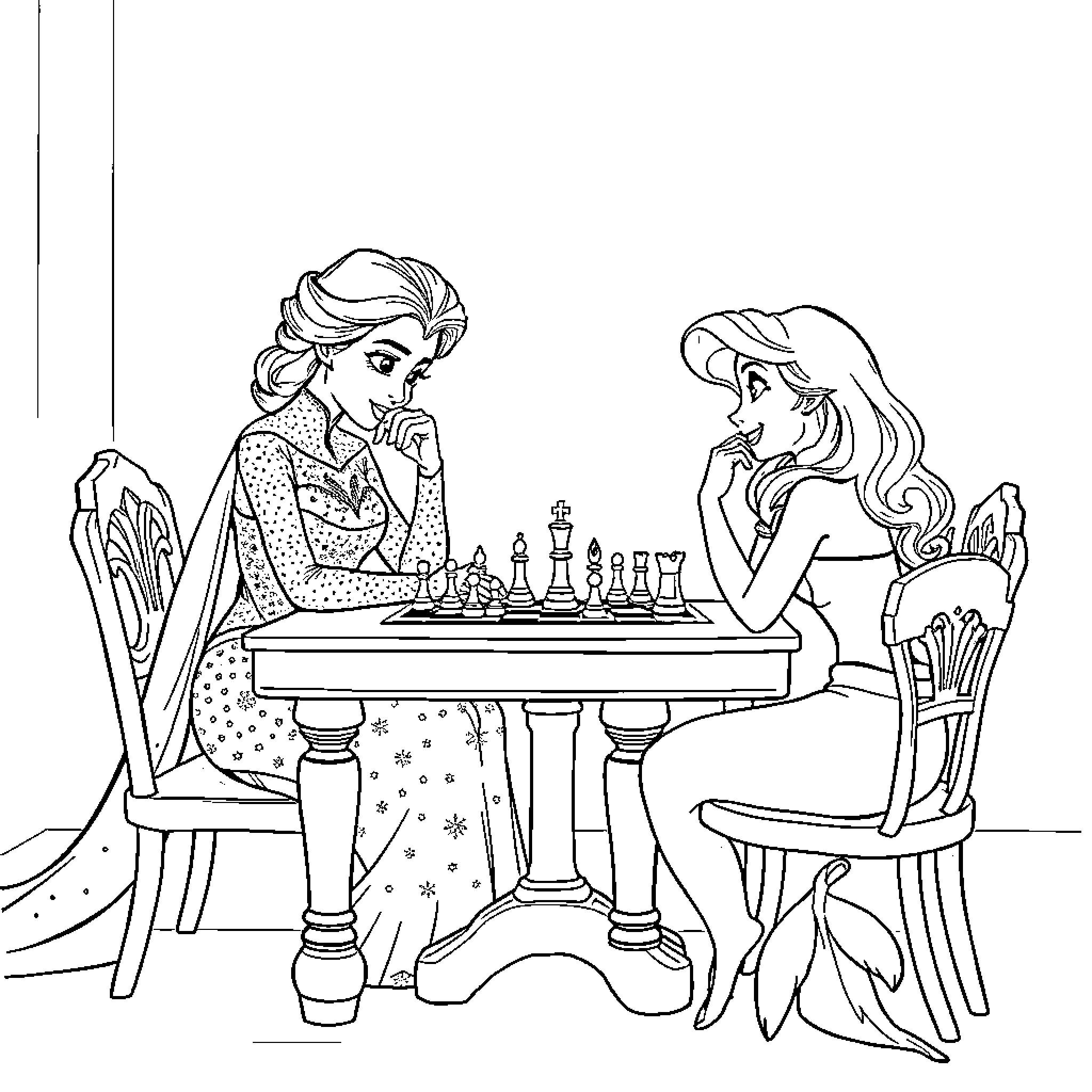 Elsa and Ariel playing chess together Coloring Page (free black-and-white line drawing printable PDF for all, from beginners to advanced learners, including children, teens, adults, and seniors)