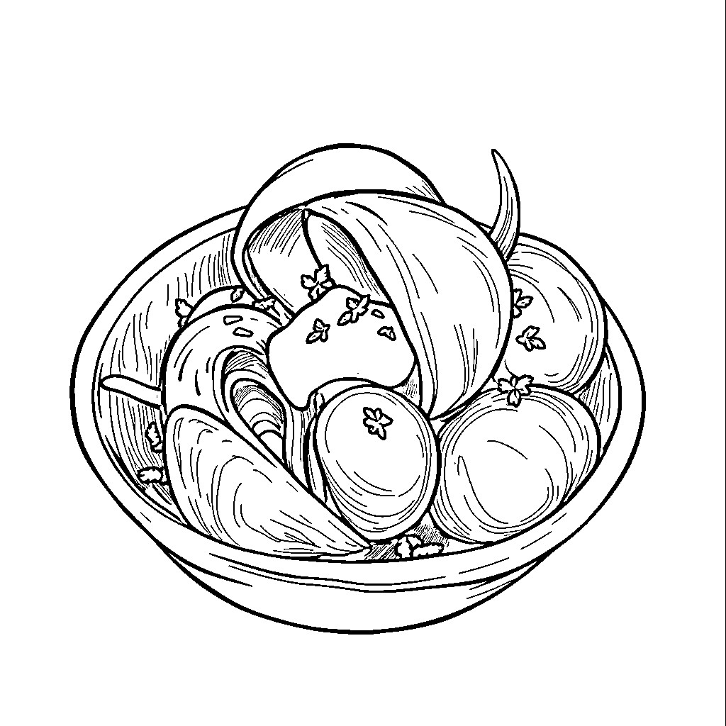 Escargot dish with ornate garnishes Coloring Page (free black-and-white line drawing printable PDF for all, from beginners to advanced learners, including children, teens, adults, and seniors)