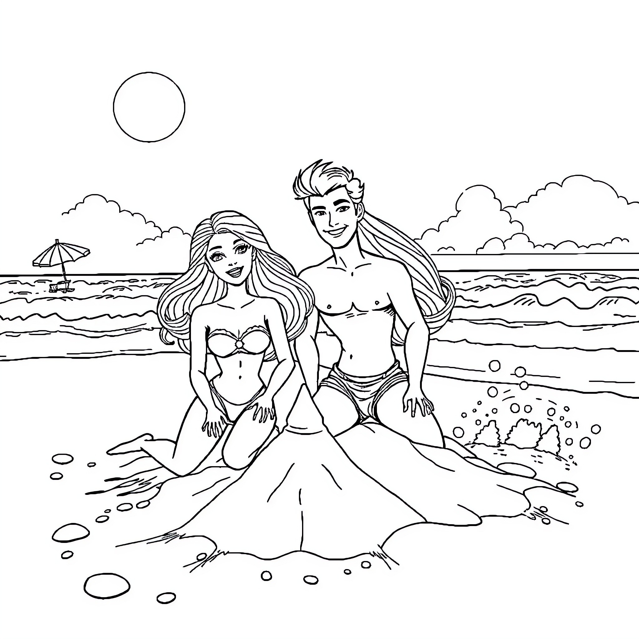 Barbie and Ken enjoy a sunny day at the beach Coloring Page (free black-and-white line drawing printable PDF for all, from beginners to advanced learners, including children, teens, adults, and seniors)