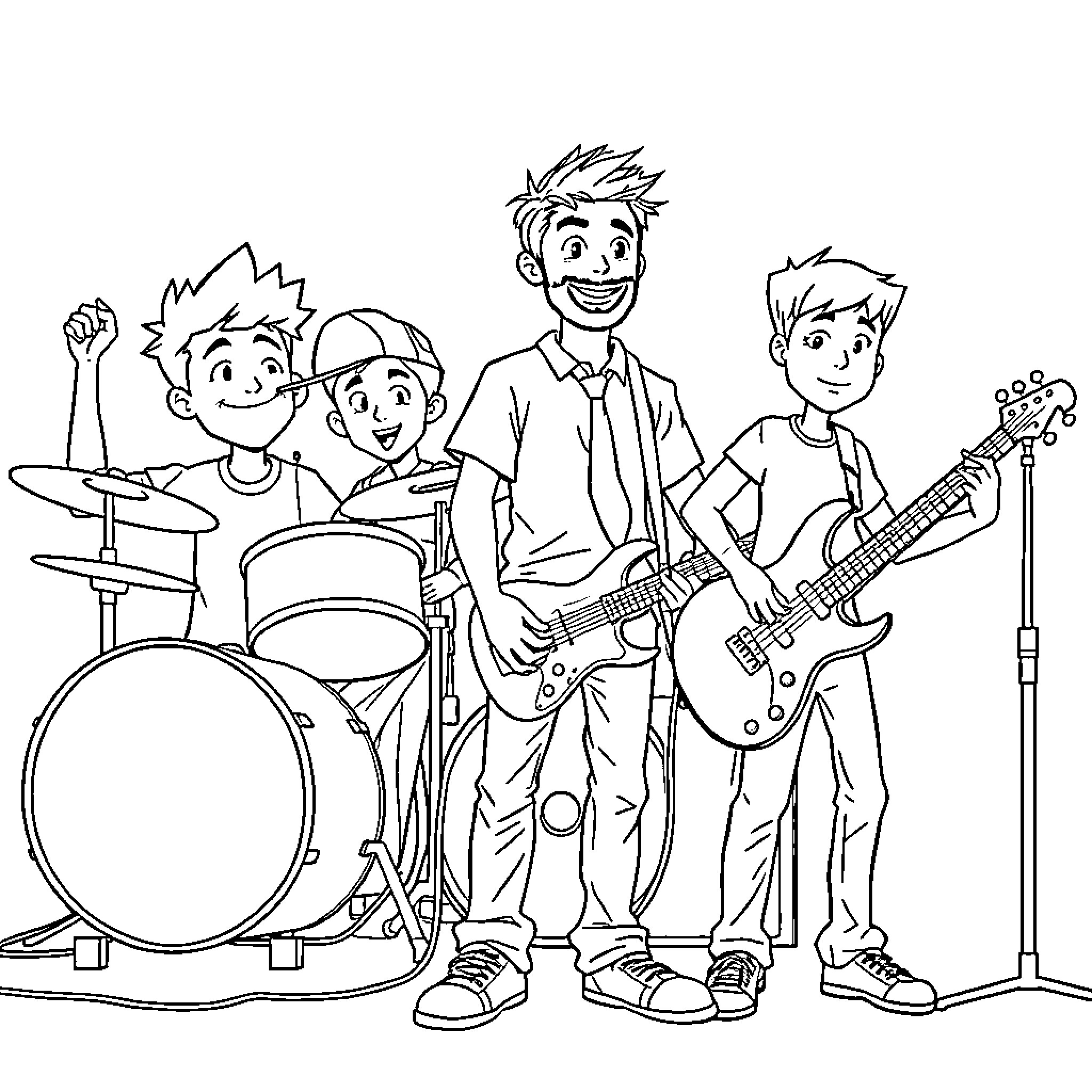 Boy Band Performing on Stage with Musical Instruments Coloring Page (free black-and-white line drawing printable PDF for all, from beginners to advanced learners, including children, teens, adults, and seniors)