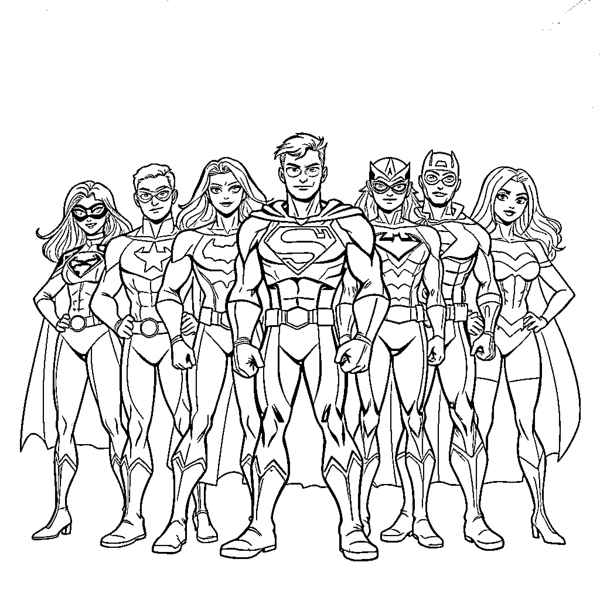 Super Hero Team in Action Poses Coloring Page (free black-and-white line drawing printable PDF for all, from beginners to advanced learners, including children, teens, adults, and seniors)