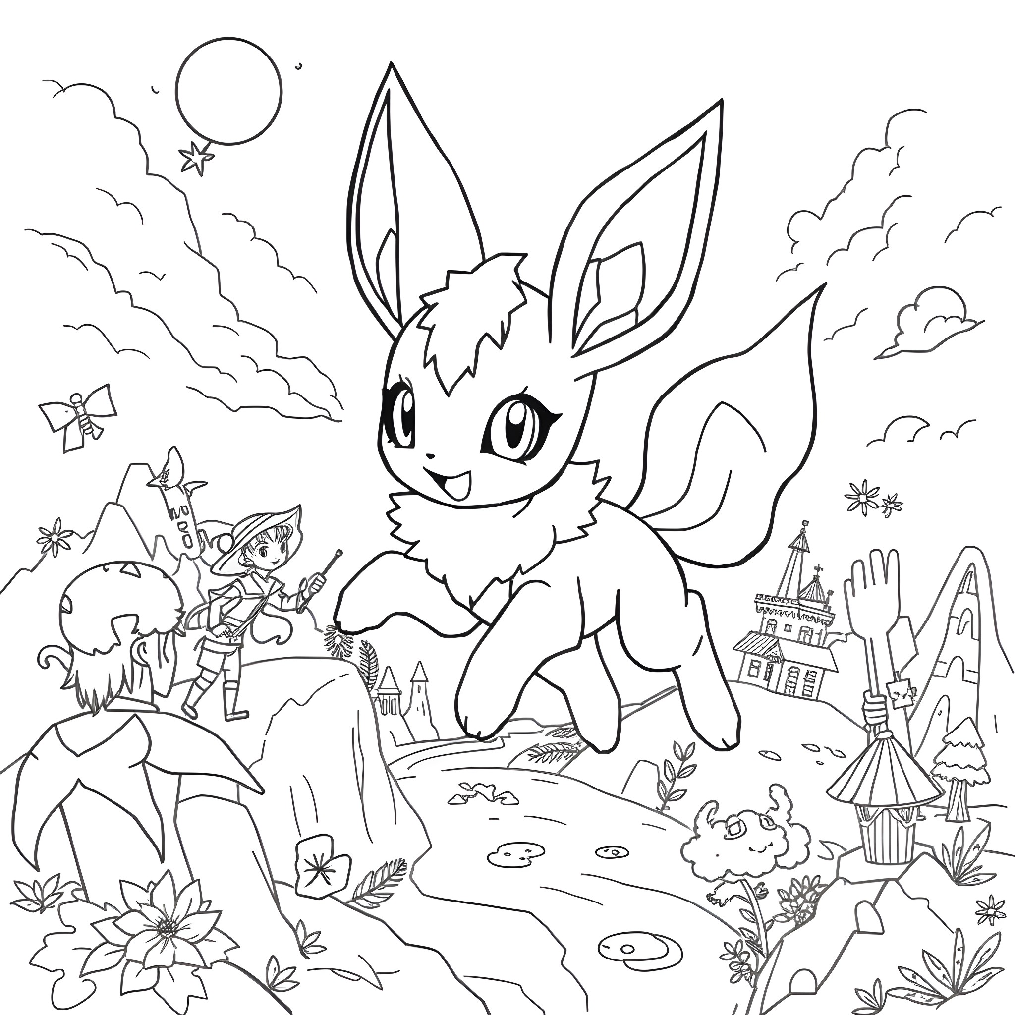 Espeon playing in the magical forest landscape Coloring Page (free black-and-white line drawing printable PDF for all, from beginners to advanced learners, including children, teens, adults, and seniors)