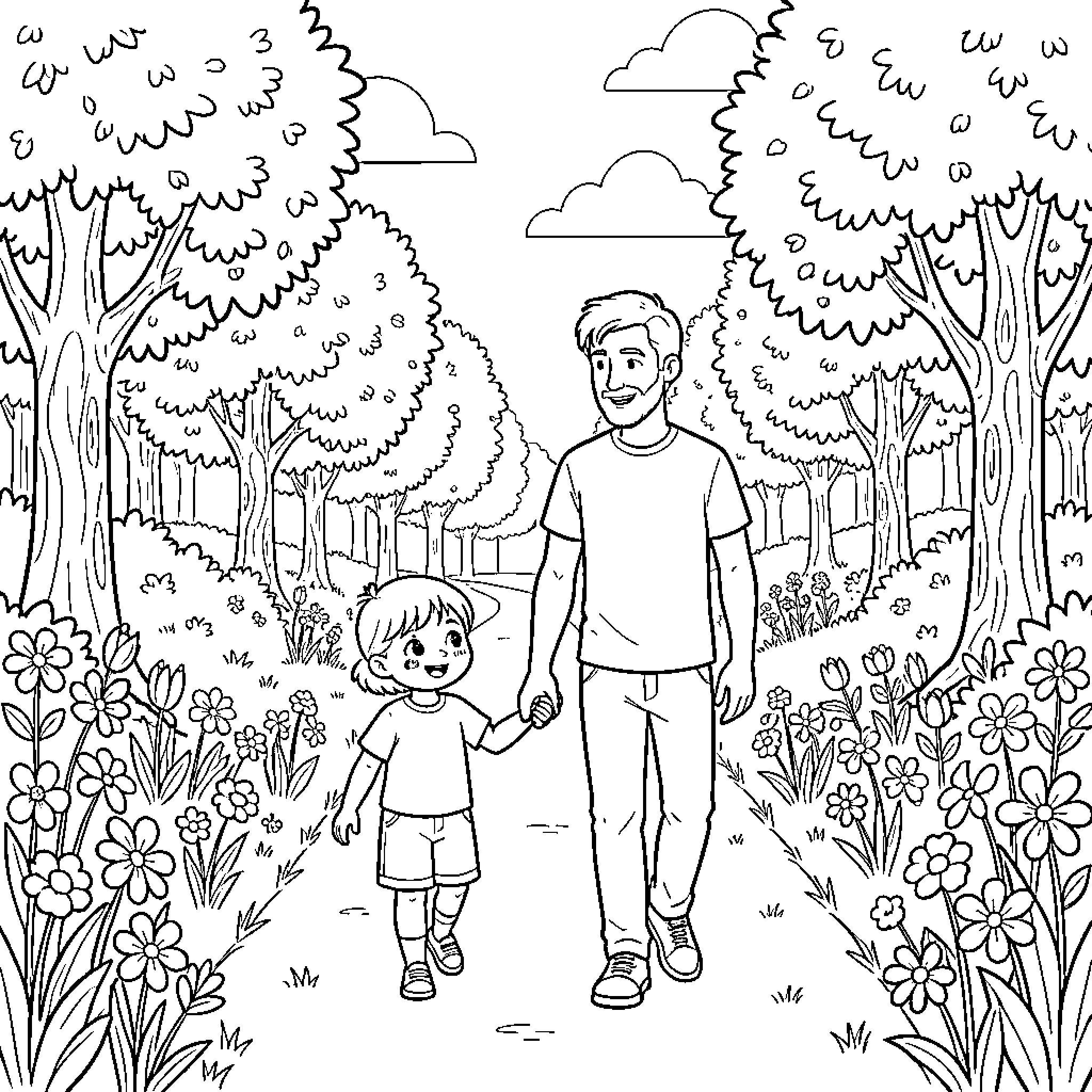 Niño and father walking together in nature Coloring Page (free black-and-white line drawing printable PDF for all, from beginners to advanced learners, including children, teens, adults, and seniors)