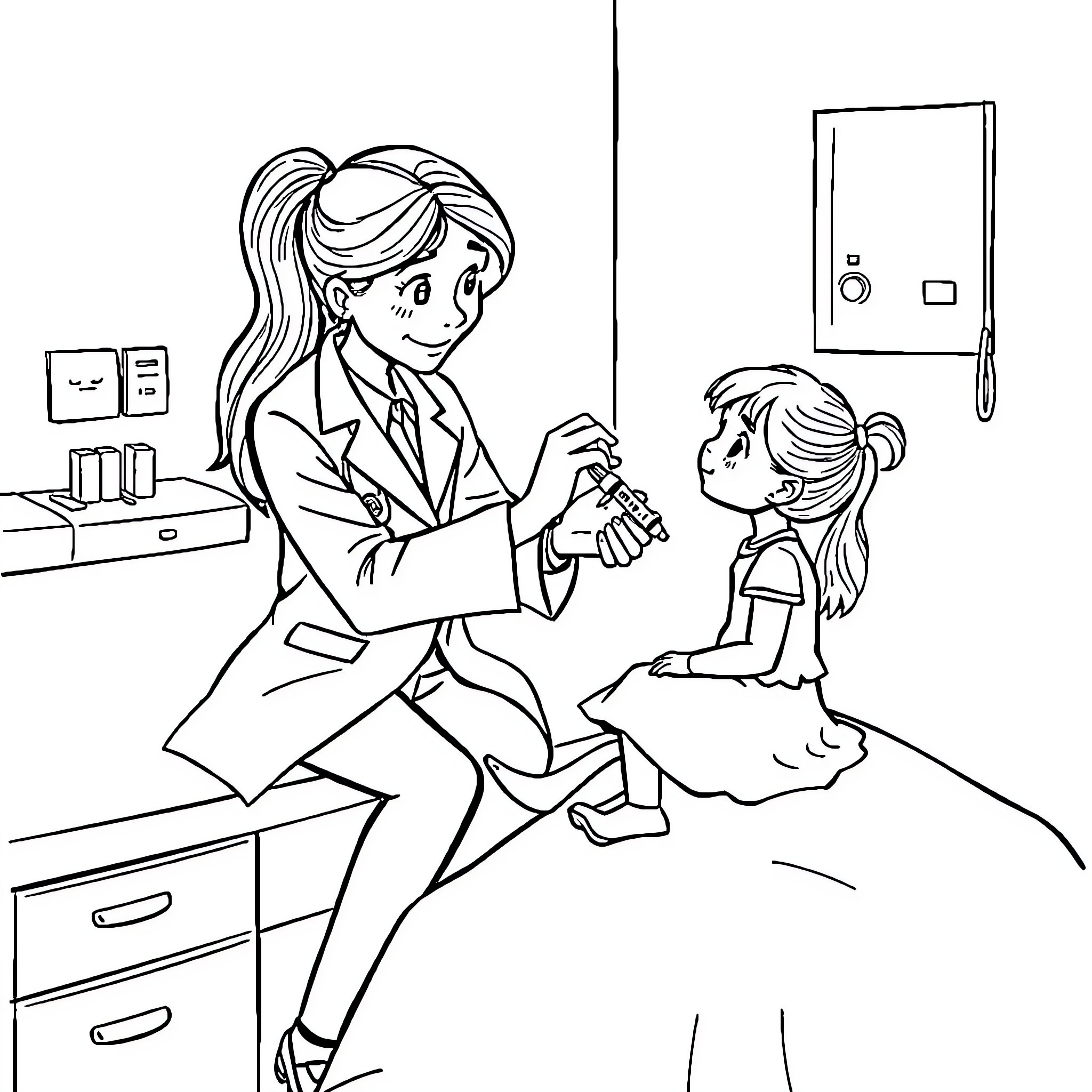 Doctor Checking Up on Young Patient in Medical Office Coloring Page (free black-and-white line drawing printable PDF for all, from beginners to advanced learners, including children, teens, adults, and seniors)