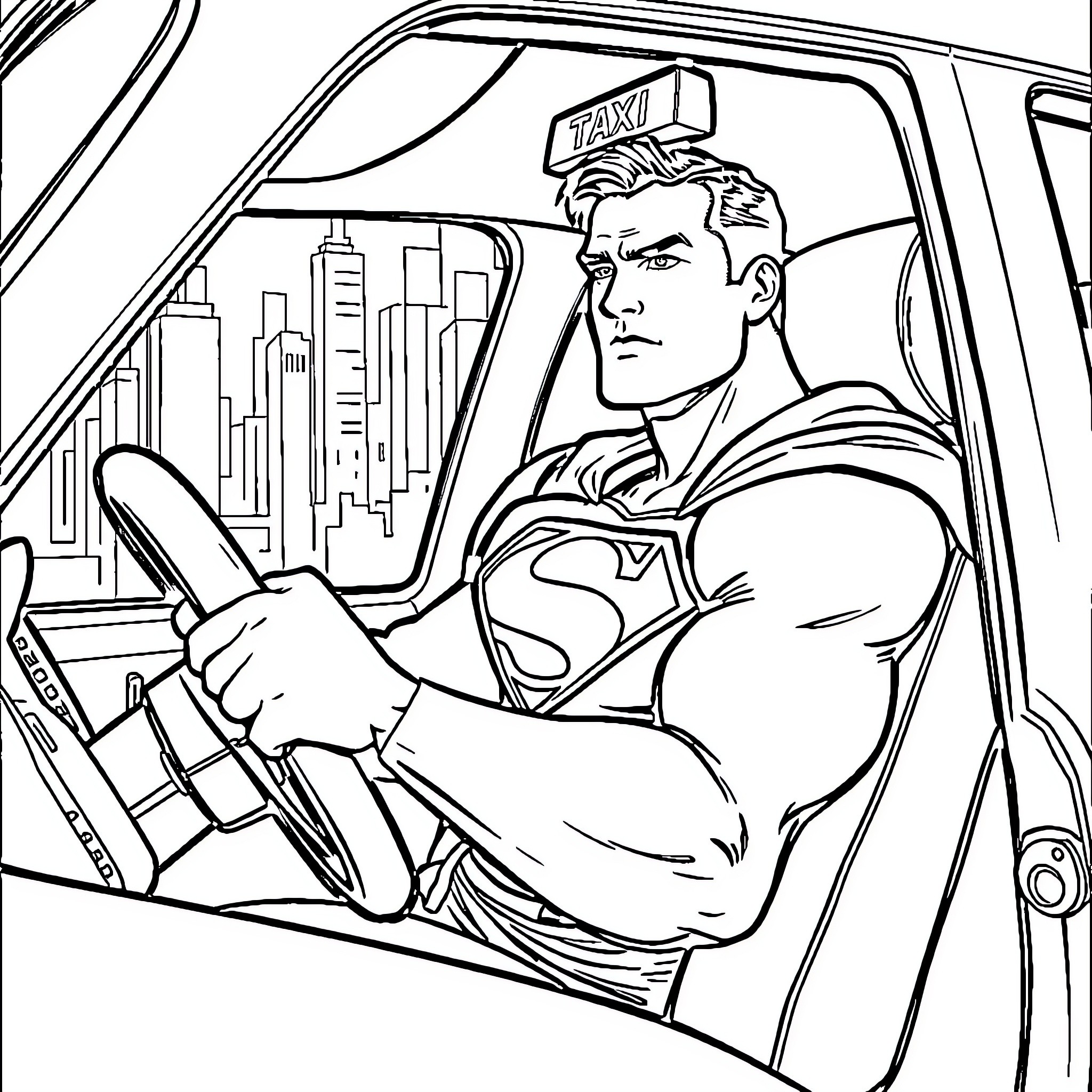 Superman driving a taxi through the city Coloring Page (free black-and-white line drawing printable PDF for all, from beginners to advanced learners, including children, teens, adults, and seniors)