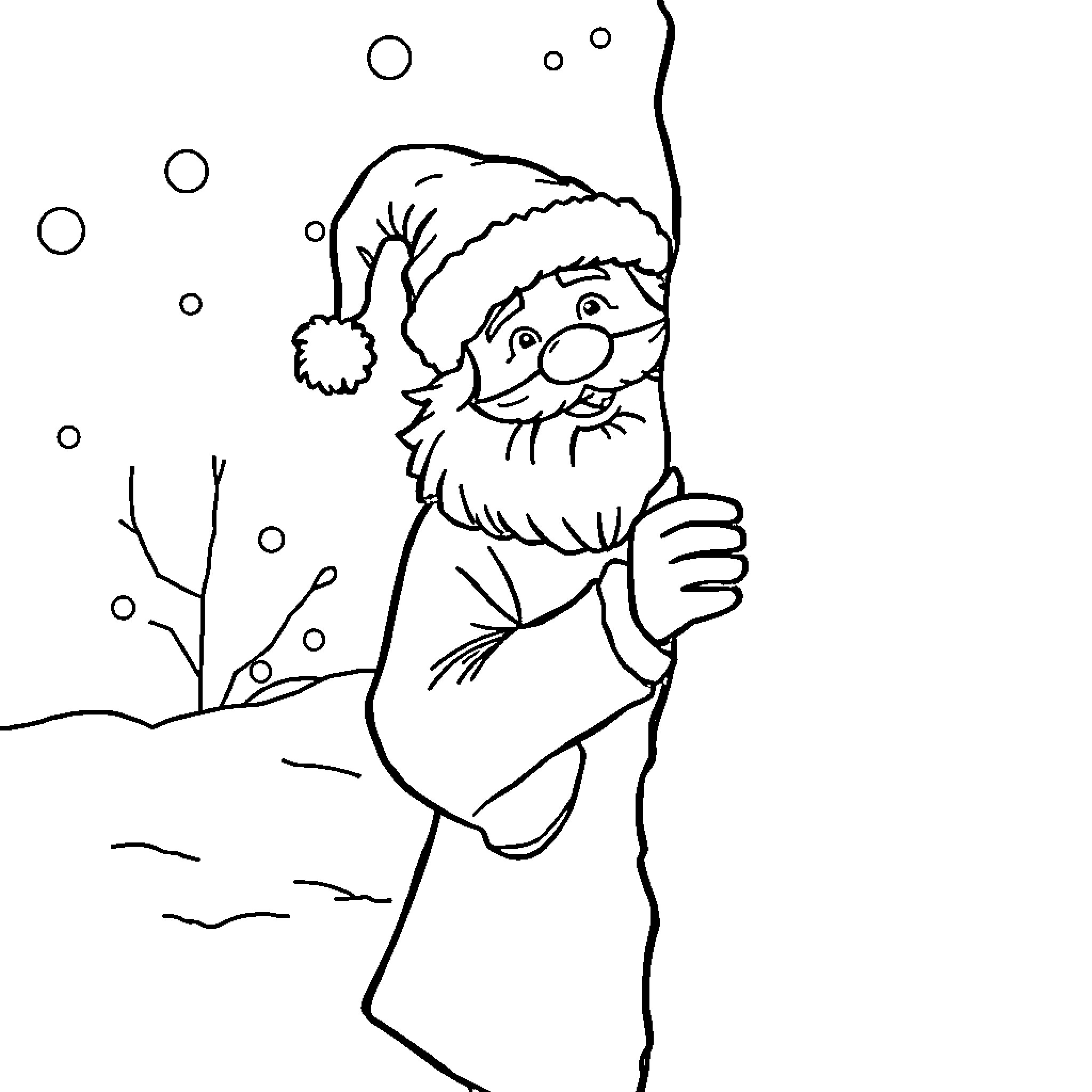 Yule Man waving in the snowy landscape Coloring Page (free black-and-white line drawing printable PDF for all, from beginners to advanced learners, including children, teens, adults, and seniors)