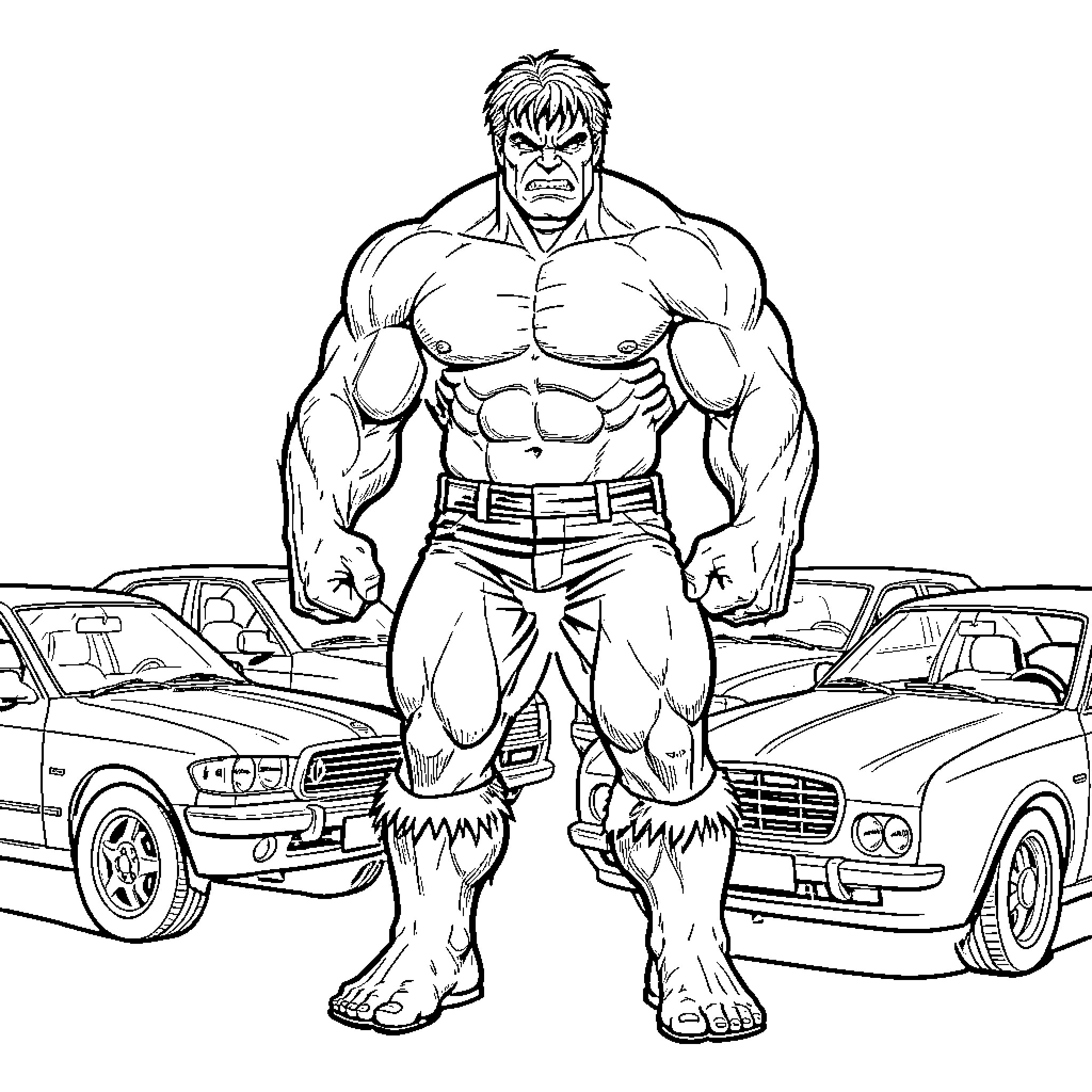 Hulk Smashing Cars with Intense Determination Coloring Page (free black-and-white line drawing printable PDF for all, from beginners to advanced learners, including children, teens, adults, and seniors)
