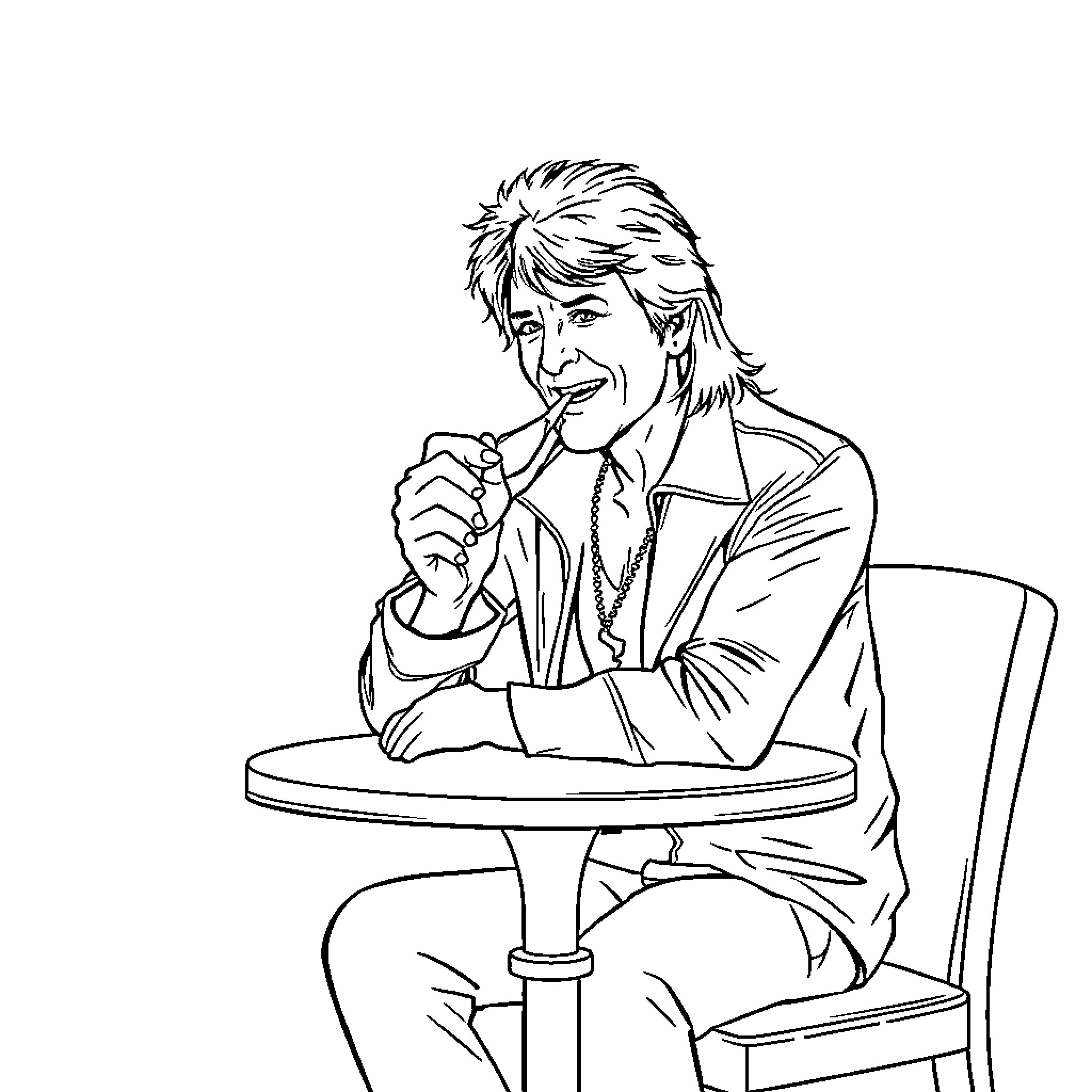Bon Jovi Ponders Thoughtfully at the Table Coloring Page (free black-and-white line drawing printable PDF for all, from beginners to advanced learners, including children, teens, adults, and seniors)