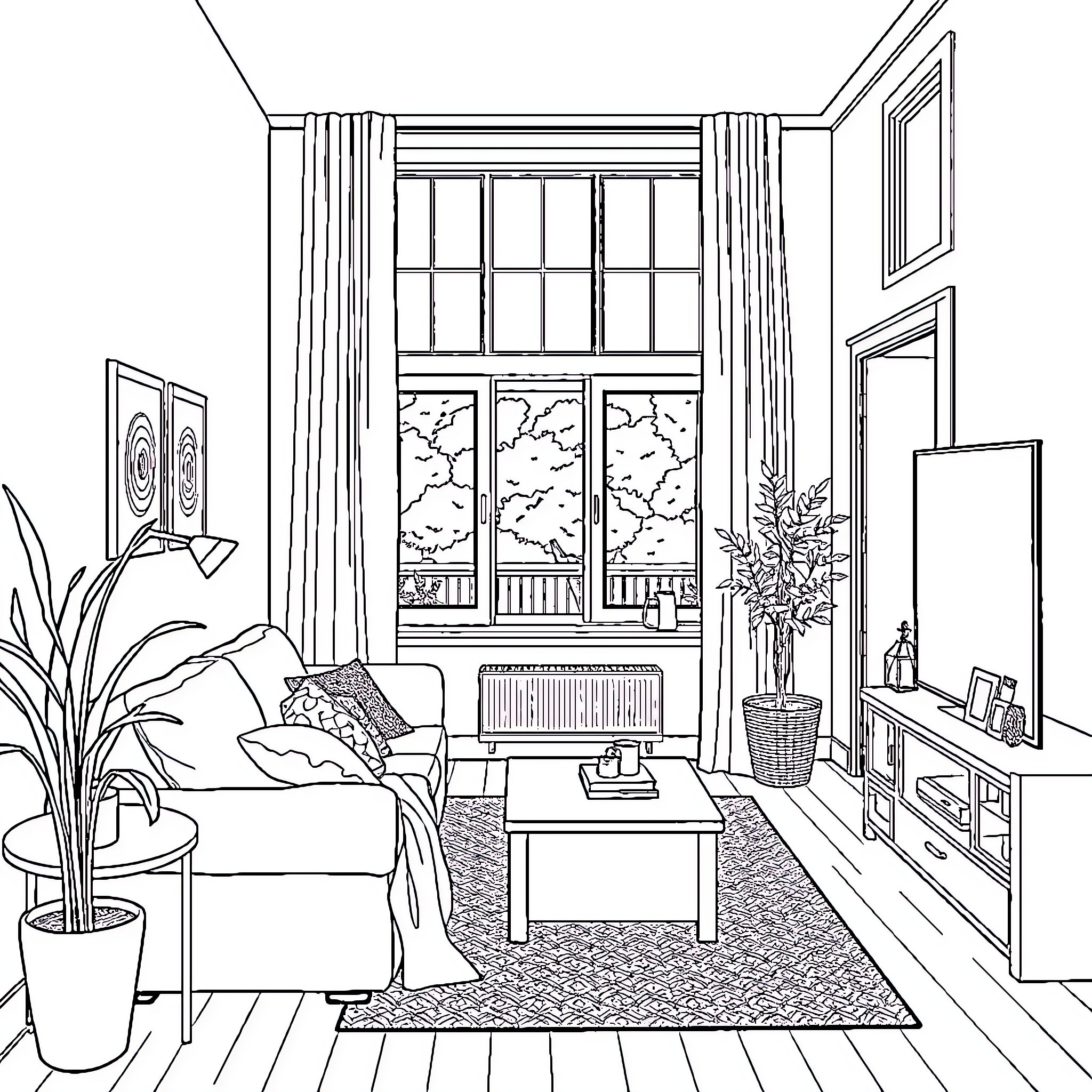 Apartment with cozy living room and large window Coloring Page (free black-and-white line drawing printable PDF for all, from beginners to advanced learners, including children, teens, adults, and seniors)