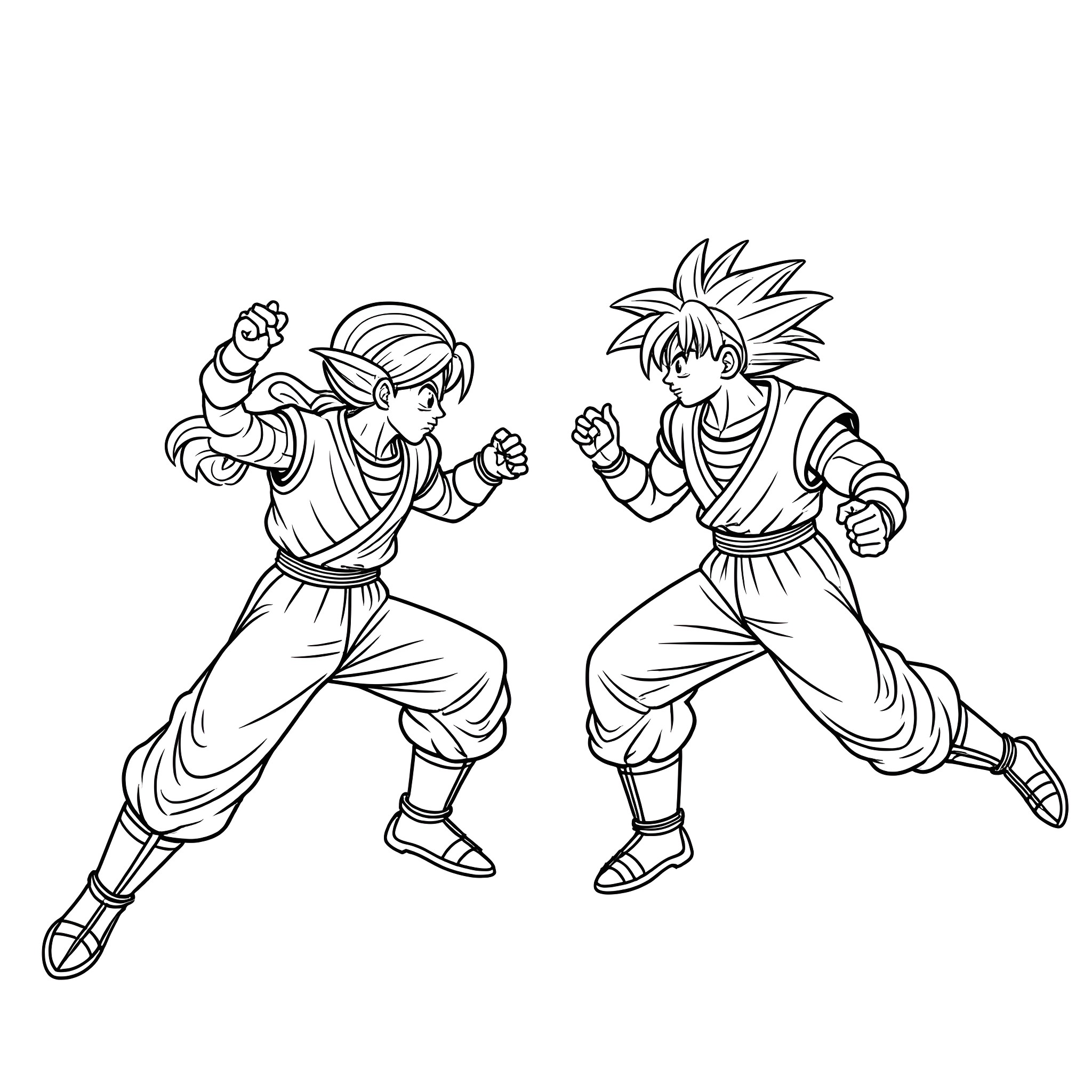 Link of two warriors in combat stance Coloring Page (free black-and-white line drawing printable PDF for all, from beginners to advanced learners, including children, teens, adults, and seniors)