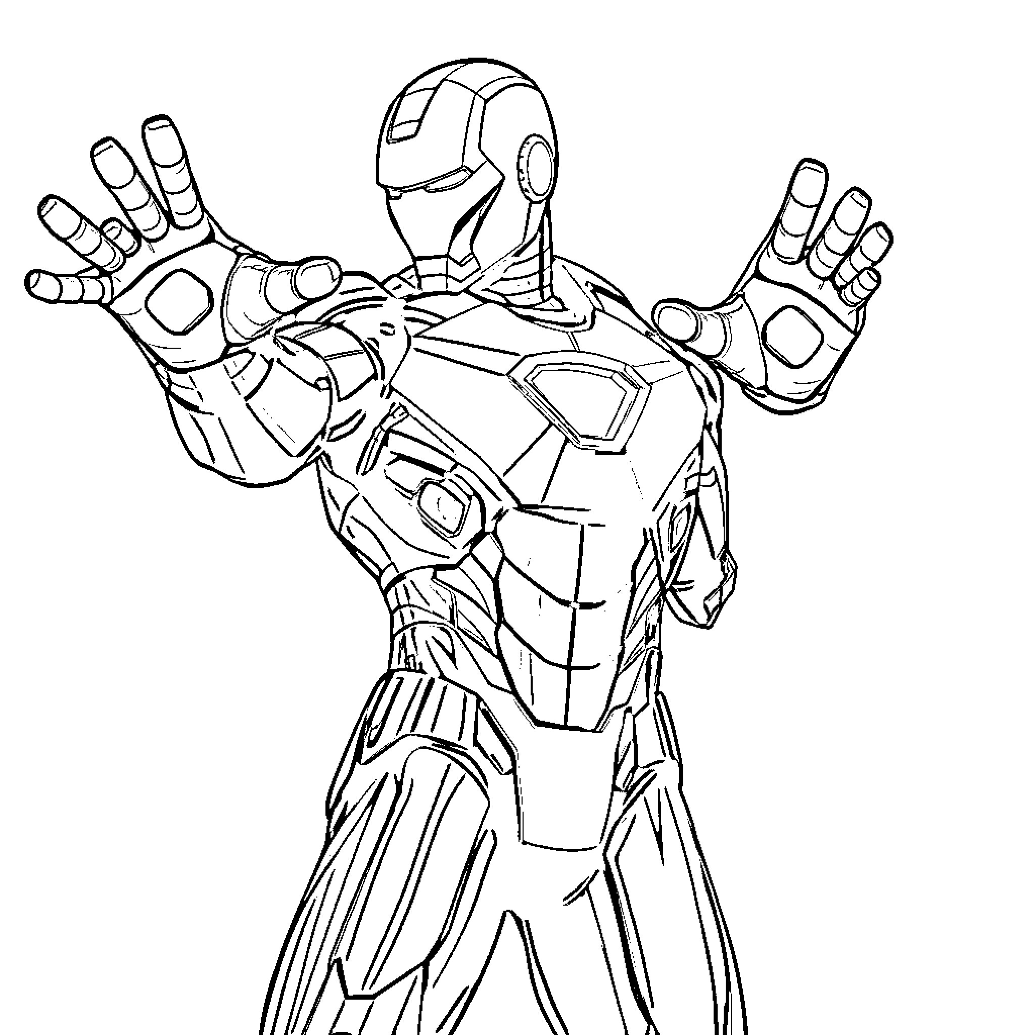 Ironman Taking Action in Heroic Pose Coloring Page (free black-and-white line drawing printable PDF for all, from beginners to advanced learners, including children, teens, adults, and seniors)