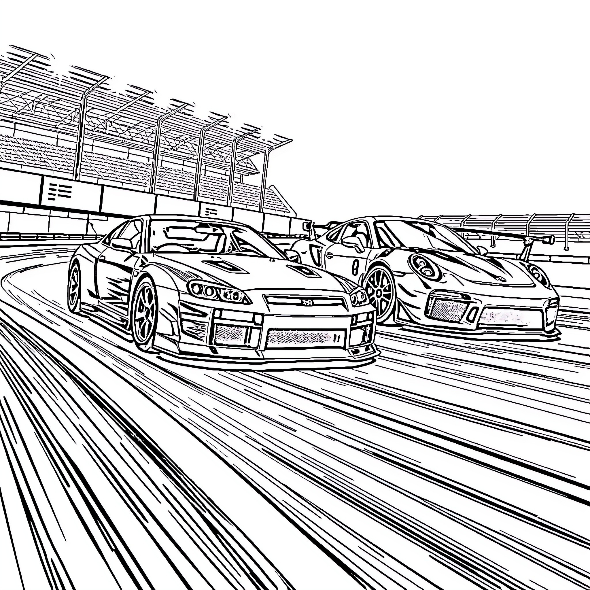 Car Race on High-Speed Circuit Coloring Page (free black-and-white line drawing printable PDF for all, from beginners to advanced learners, including children, teens, adults, and seniors)
