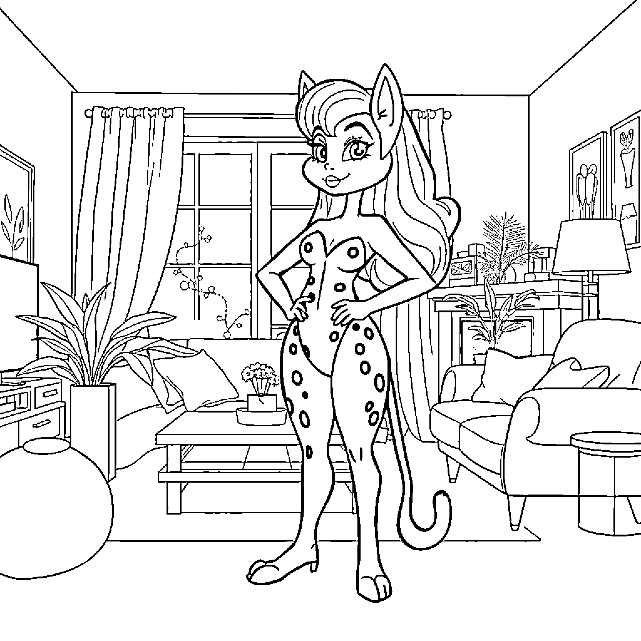 Jezabel's Stylish Interior Adventure Coloring Page (free black-and-white line drawing printable PDF for all, from beginners to advanced learners, including children, teens, adults, and seniors)