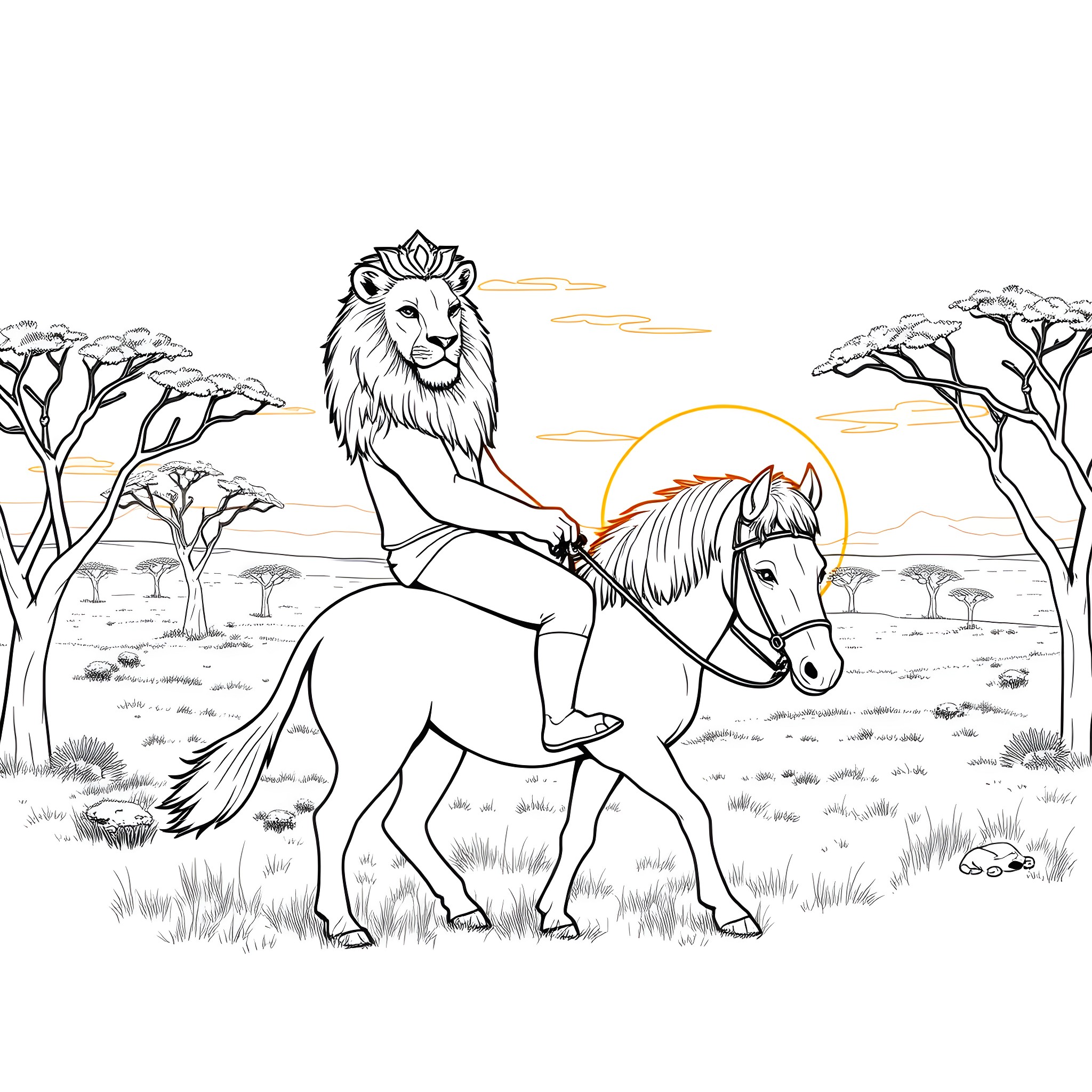 Lion riding a horse in the African savanna Coloring Page (free black-and-white line drawing printable PDF for all, from beginners to advanced learners, including children, teens, adults, and seniors)