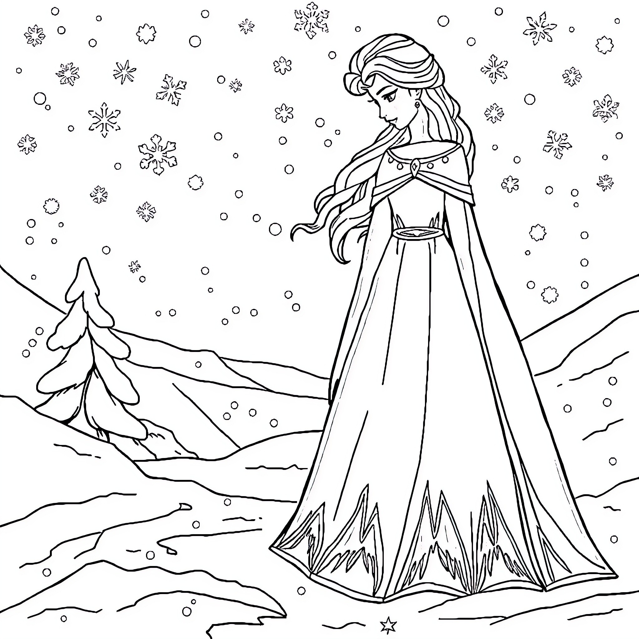 Queen in Snowy Winter Wonderland Coloring Page (free black-and-white line drawing printable PDF for all, from beginners to advanced learners, including children, teens, adults, and seniors)