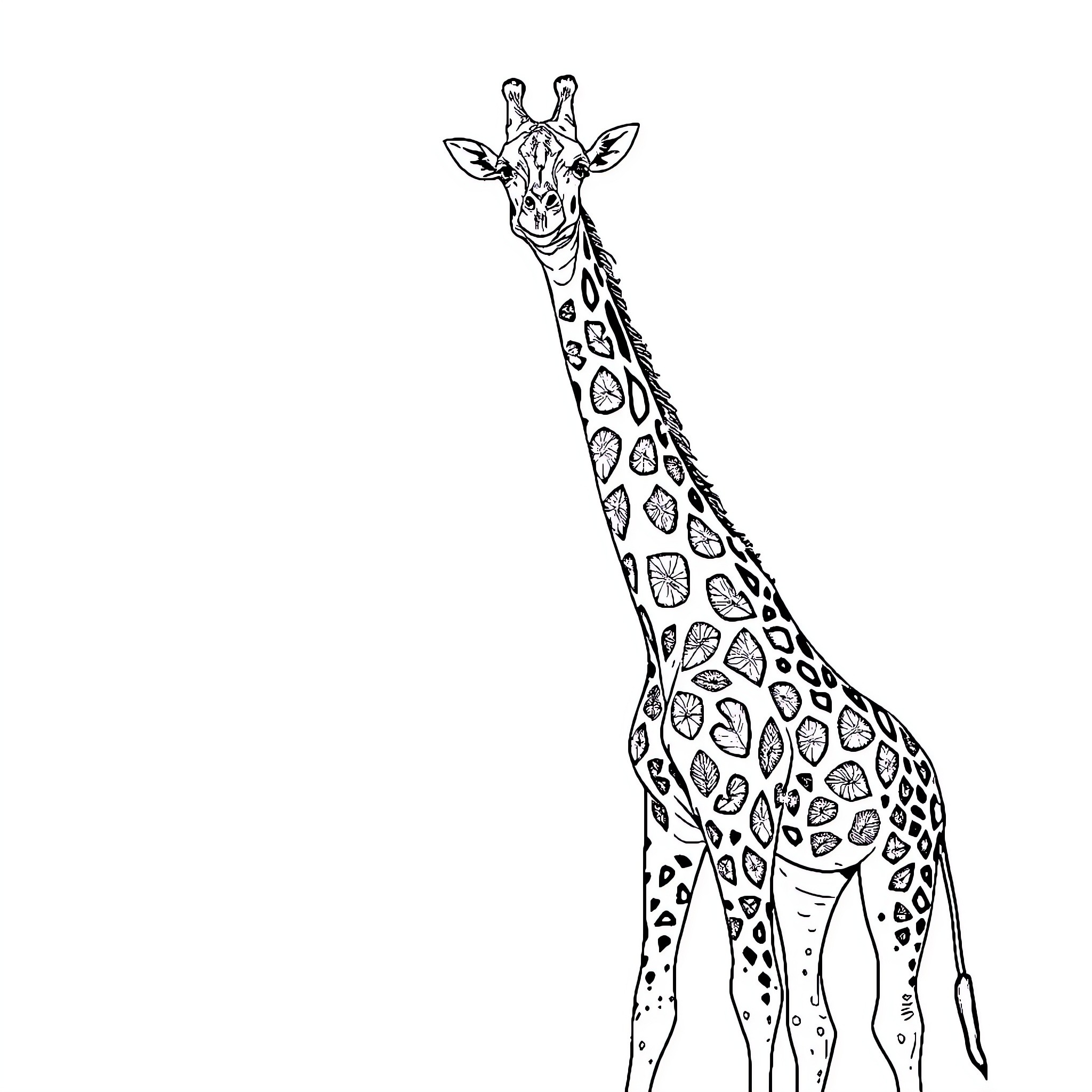 Giraffe standing tall with intricate patterned neck Coloring Page (free black-and-white line drawing printable PDF for all, from beginners to advanced learners, including children, teens, adults, and seniors)