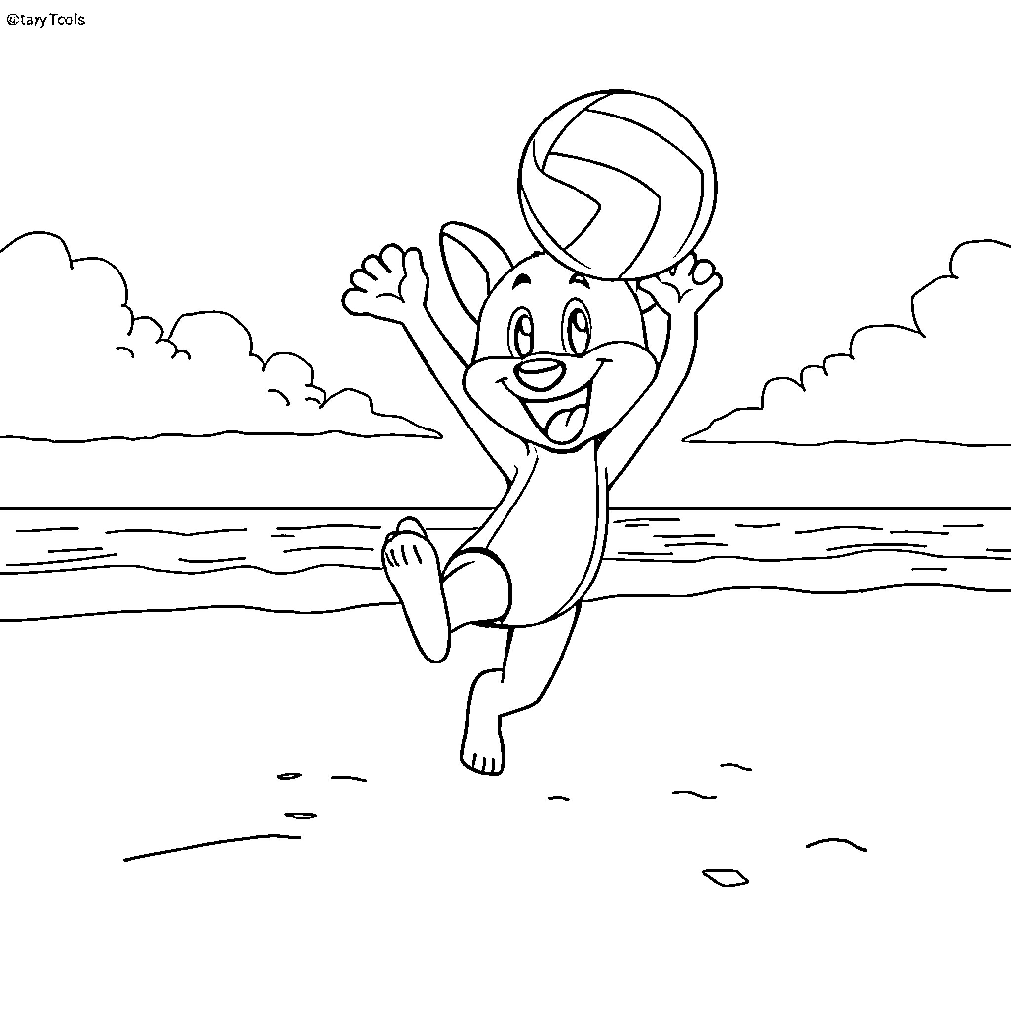 Bluey playing happily with a volleyball on the beach Coloring Page (free black-and-white line drawing printable PDF for all, from beginners to advanced learners, including children, teens, adults, and seniors)