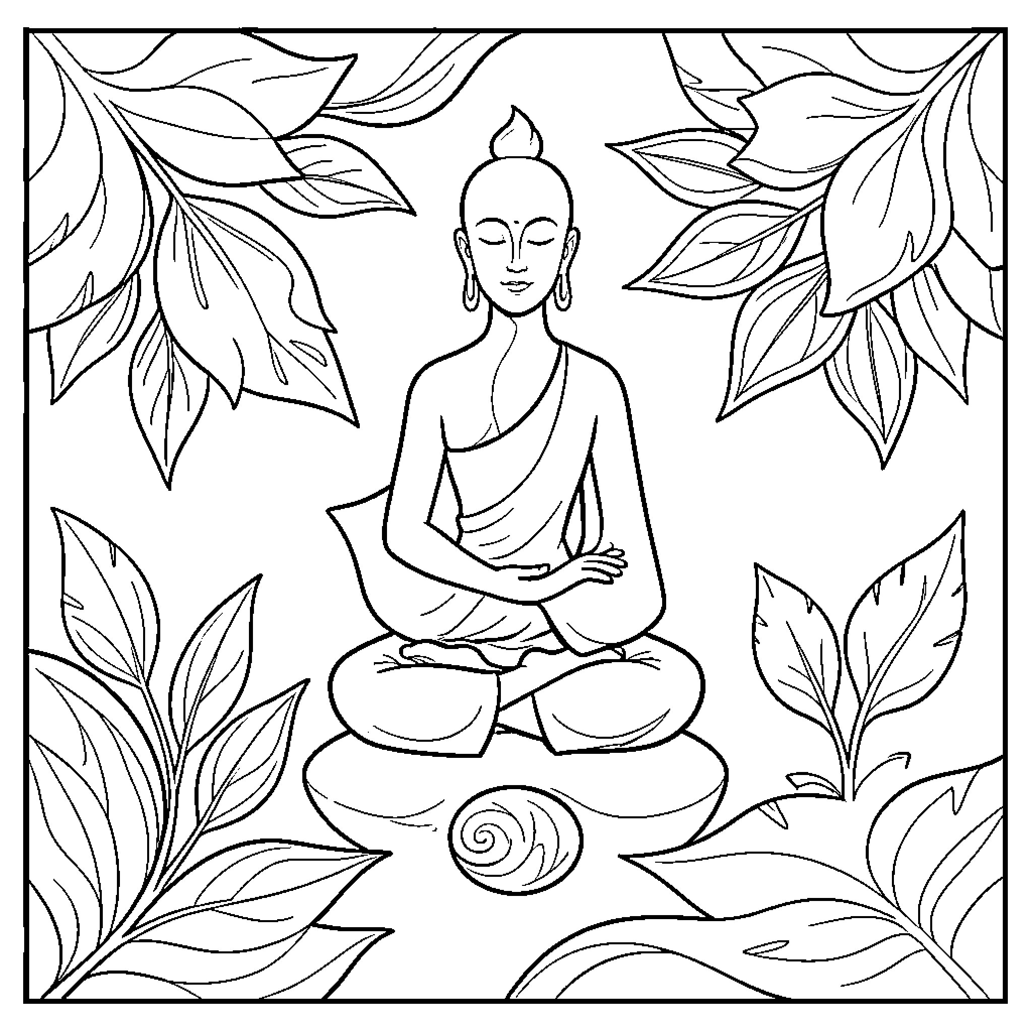 Zen Pattern of Meditating Buddha Surrounded by Leaves Coloring Page (free black-and-white line drawing printable PDF for all, from beginners to advanced learners, including children, teens, adults, and seniors)