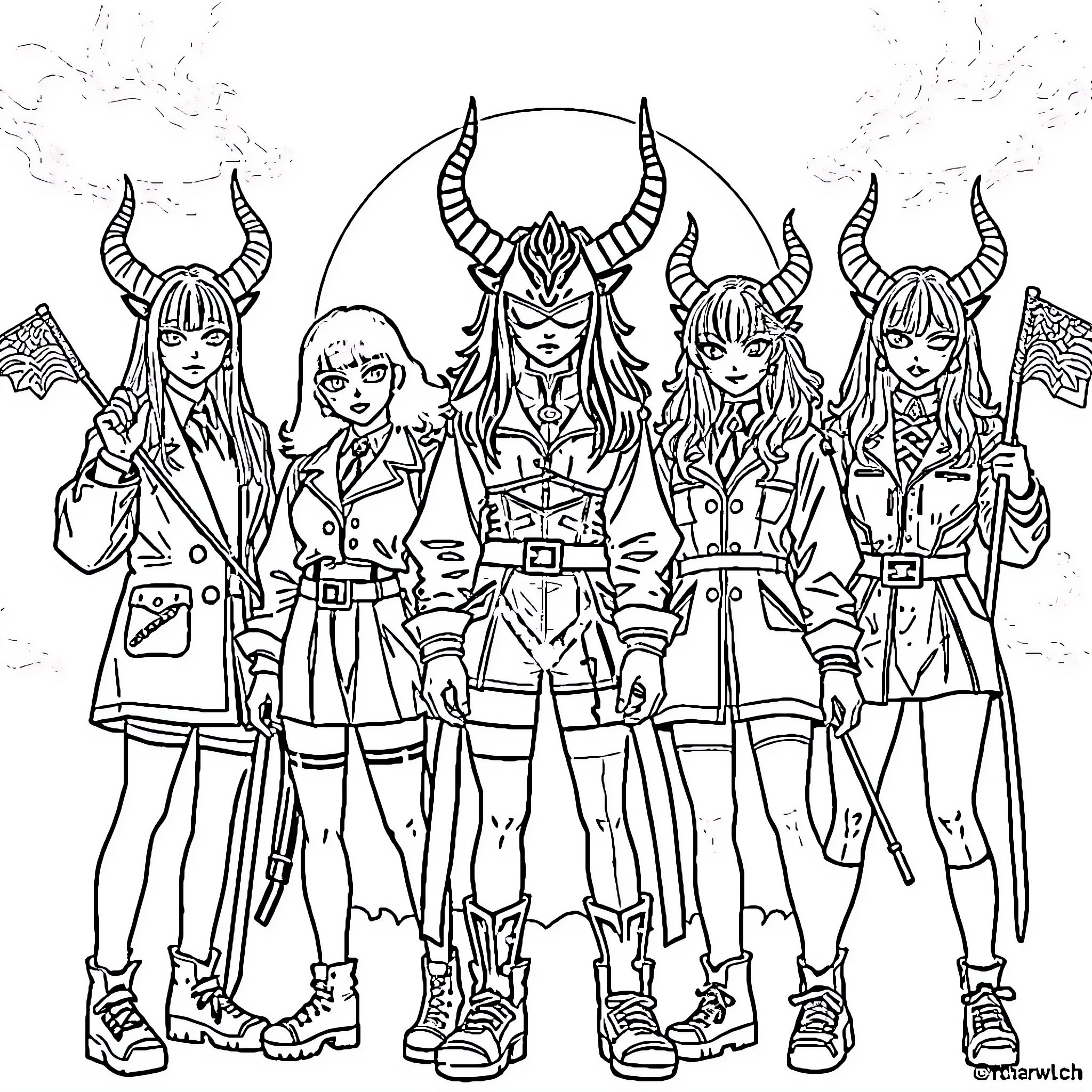Demon Hunter Squad in Tactical Gear Coloring Page (free black-and-white line drawing printable PDF for all, from beginners to advanced learners, including children, teens, adults, and seniors)
