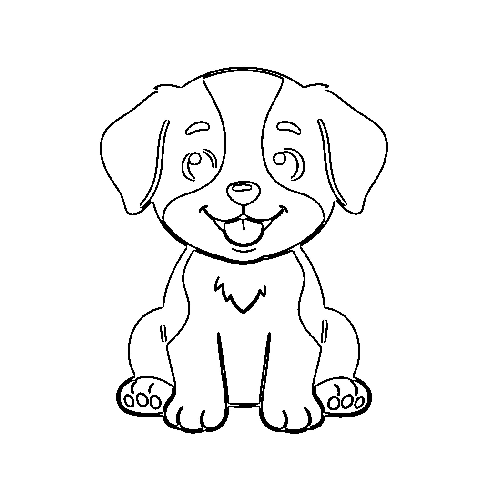 Puppy sitting happily in sketch Coloring Page (free black-and-white line drawing printable PDF for all, from beginners to advanced learners, including children, teens, adults, and seniors)
