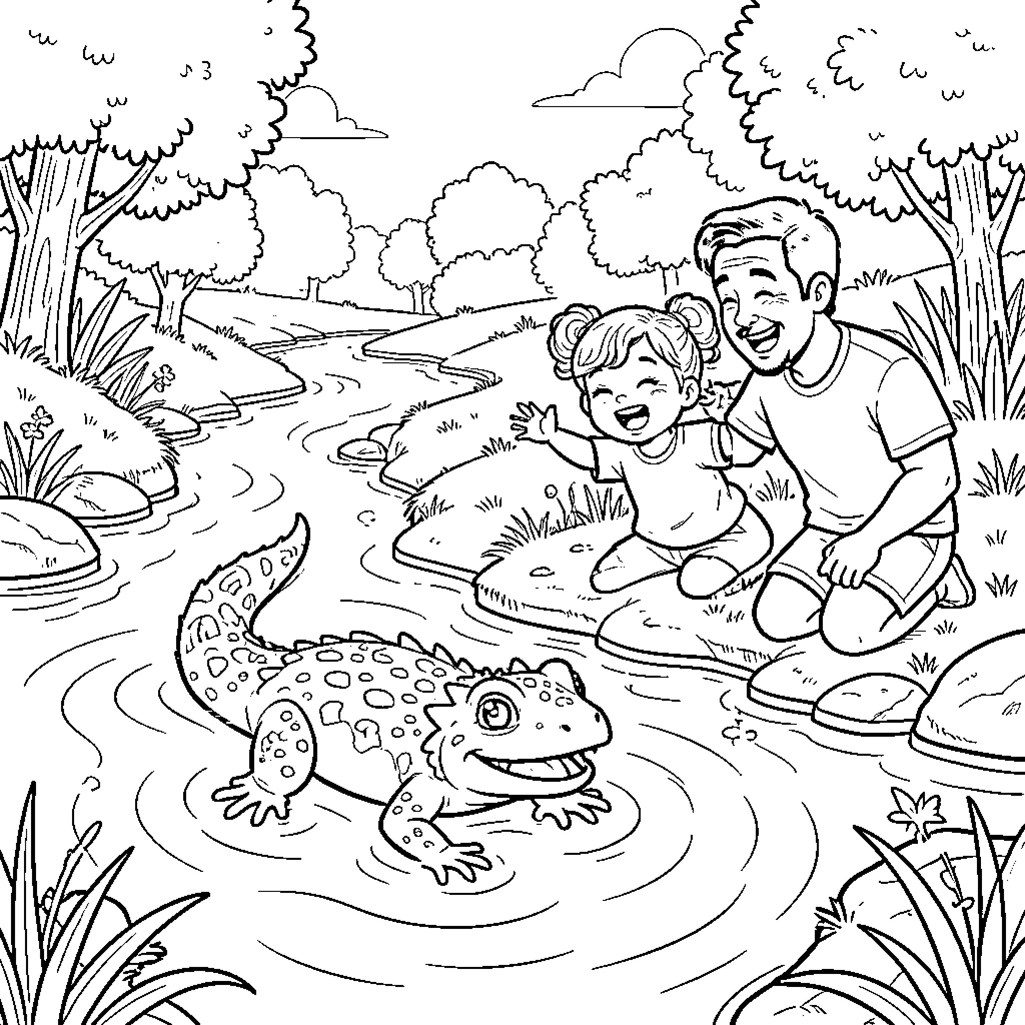 Ajolote swimming near a happy family by the river Coloring Page (free black-and-white line drawing printable PDF for all, from beginners to advanced learners, including children, teens, adults, and seniors)