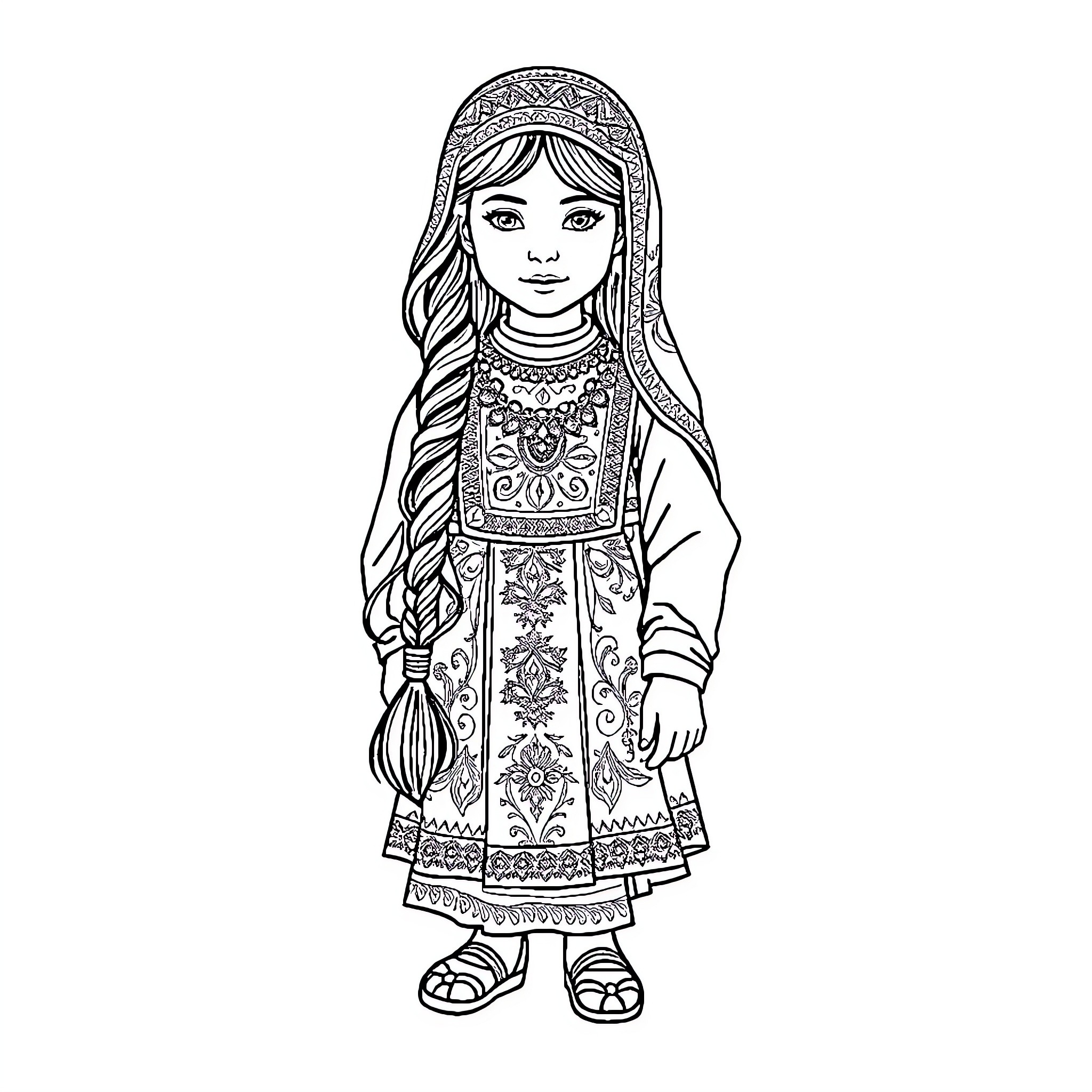 Girl in traditional ethnic dress with intricate patterns Coloring Page (free black-and-white line drawing printable PDF for all, from beginners to advanced learners, including children, teens, adults, and seniors)