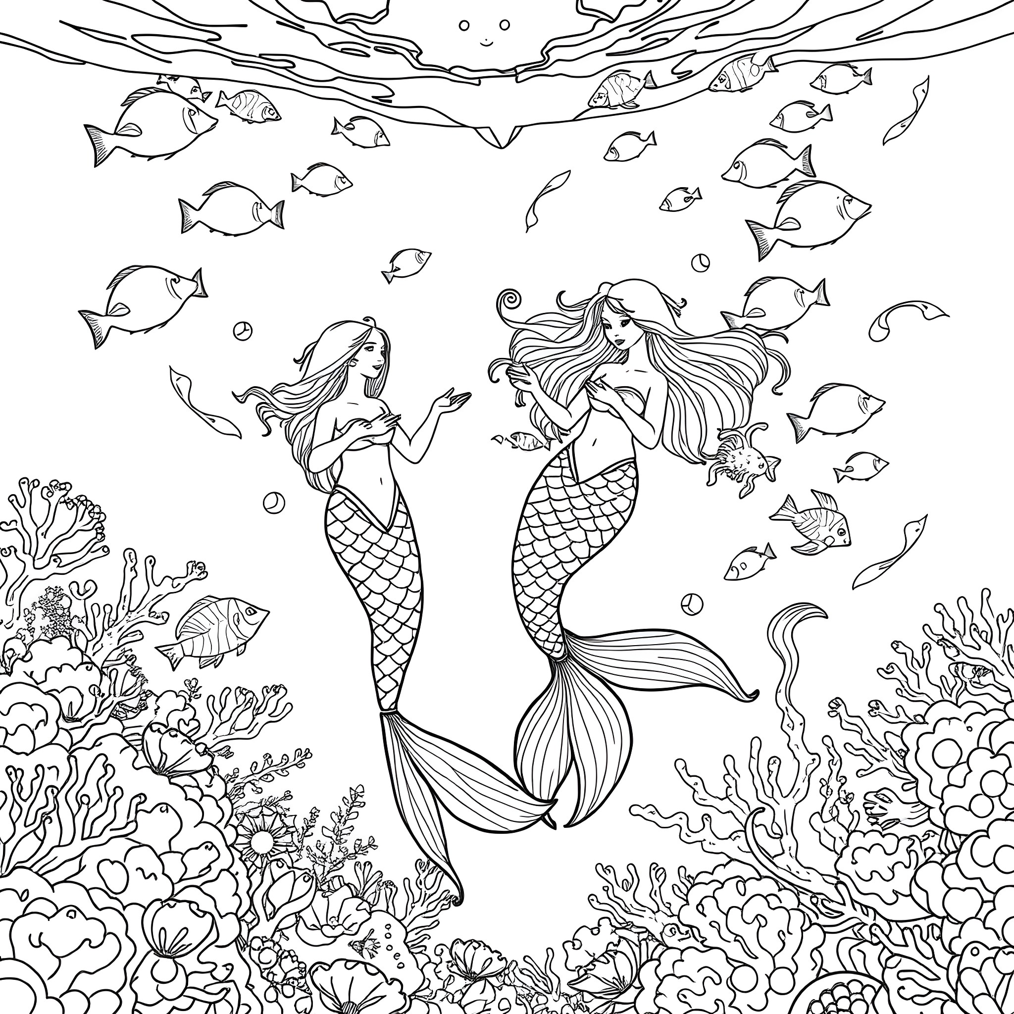 Mermaid sisters exploring the underwater world Coloring Page (free black-and-white line drawing printable PDF for all, from beginners to advanced learners, including children, teens, adults, and seniors)