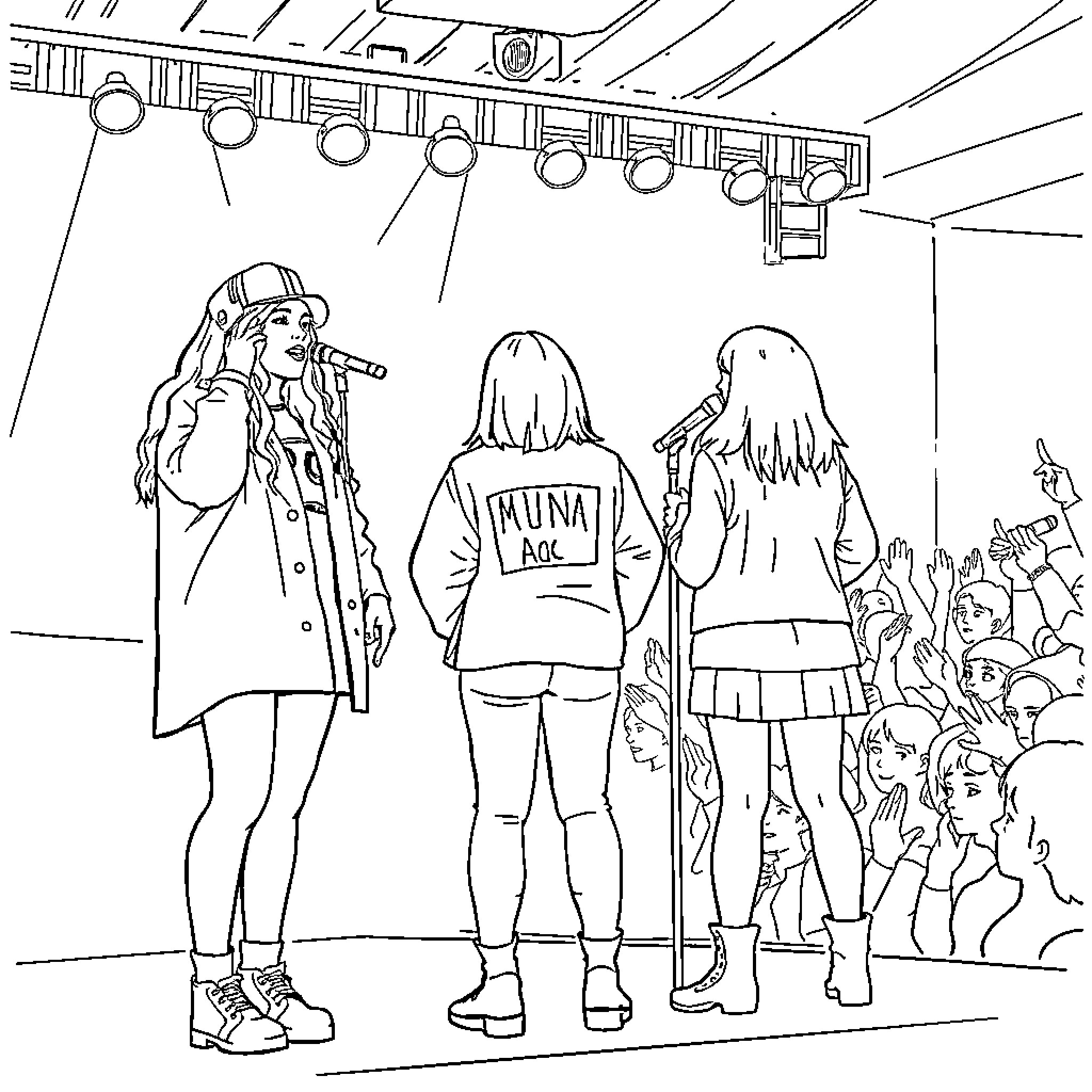 Billie Eilish Performing on Stage with Fans Coloring Page (free black-and-white line drawing printable PDF for all, from beginners to advanced learners, including children, teens, adults, and seniors)