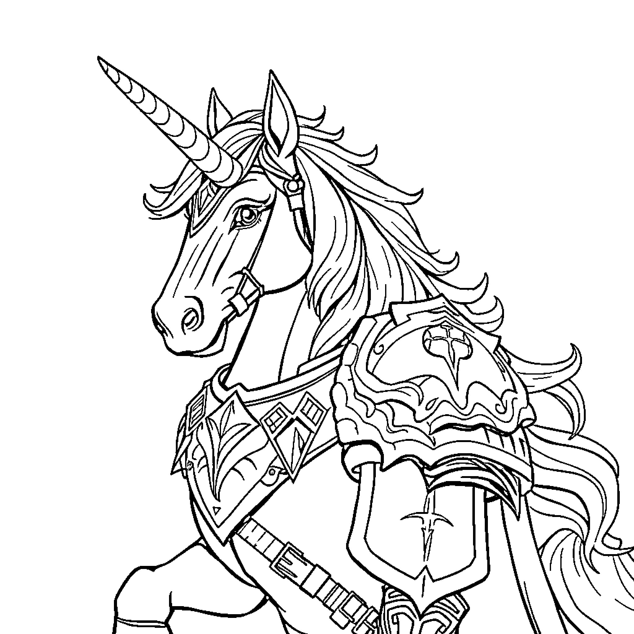 Unicorn Warrior with Ornate Armor and Regalia Coloring Page (free black-and-white line drawing printable PDF for all, from beginners to advanced learners, including children, teens, adults, and seniors)