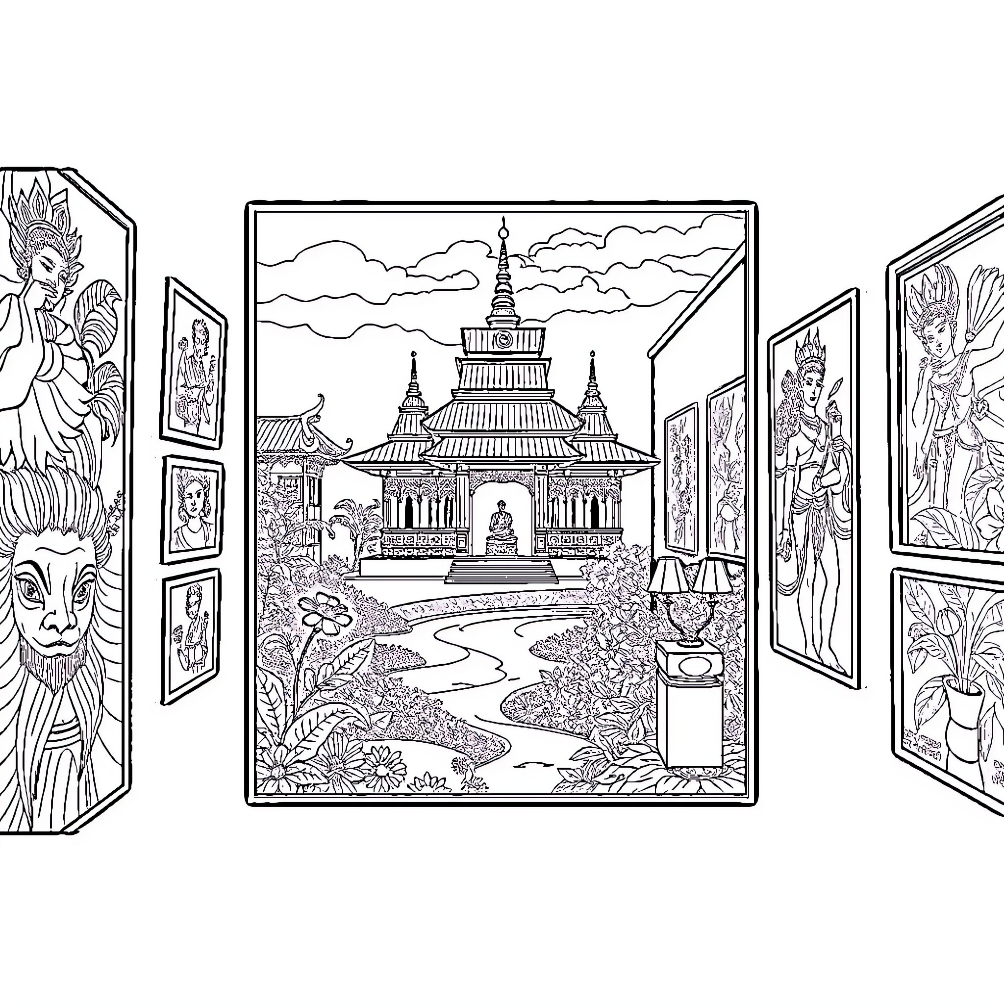 Indonesia's Intricate Architectural Landscape Coloring Page (free black-and-white line drawing printable PDF for all, from beginners to advanced learners, including children, teens, adults, and seniors)