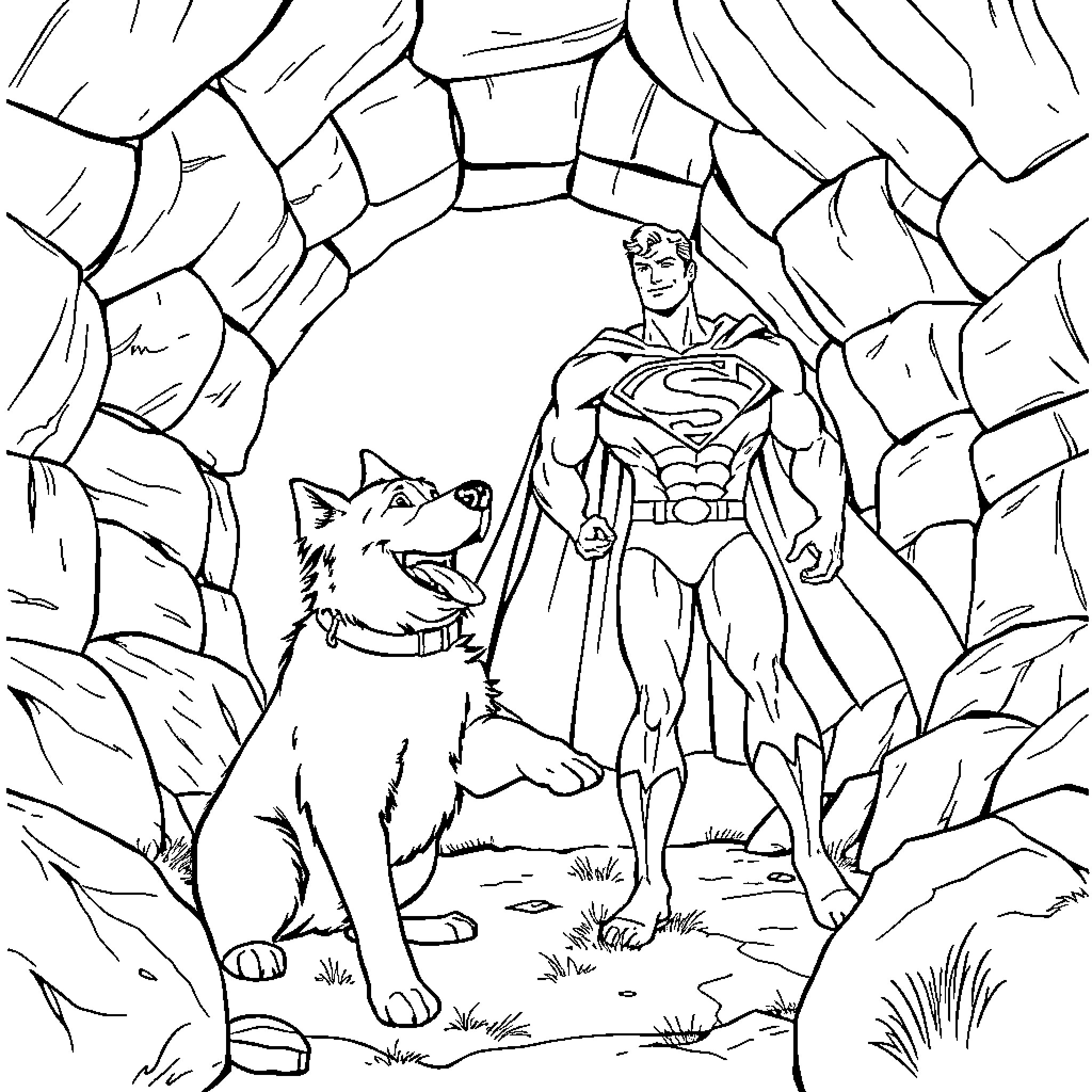 Superman and Wolf in the Mountains Coloring Page (free black-and-white line drawing printable PDF for all, from beginners to advanced learners, including children, teens, adults, and seniors)