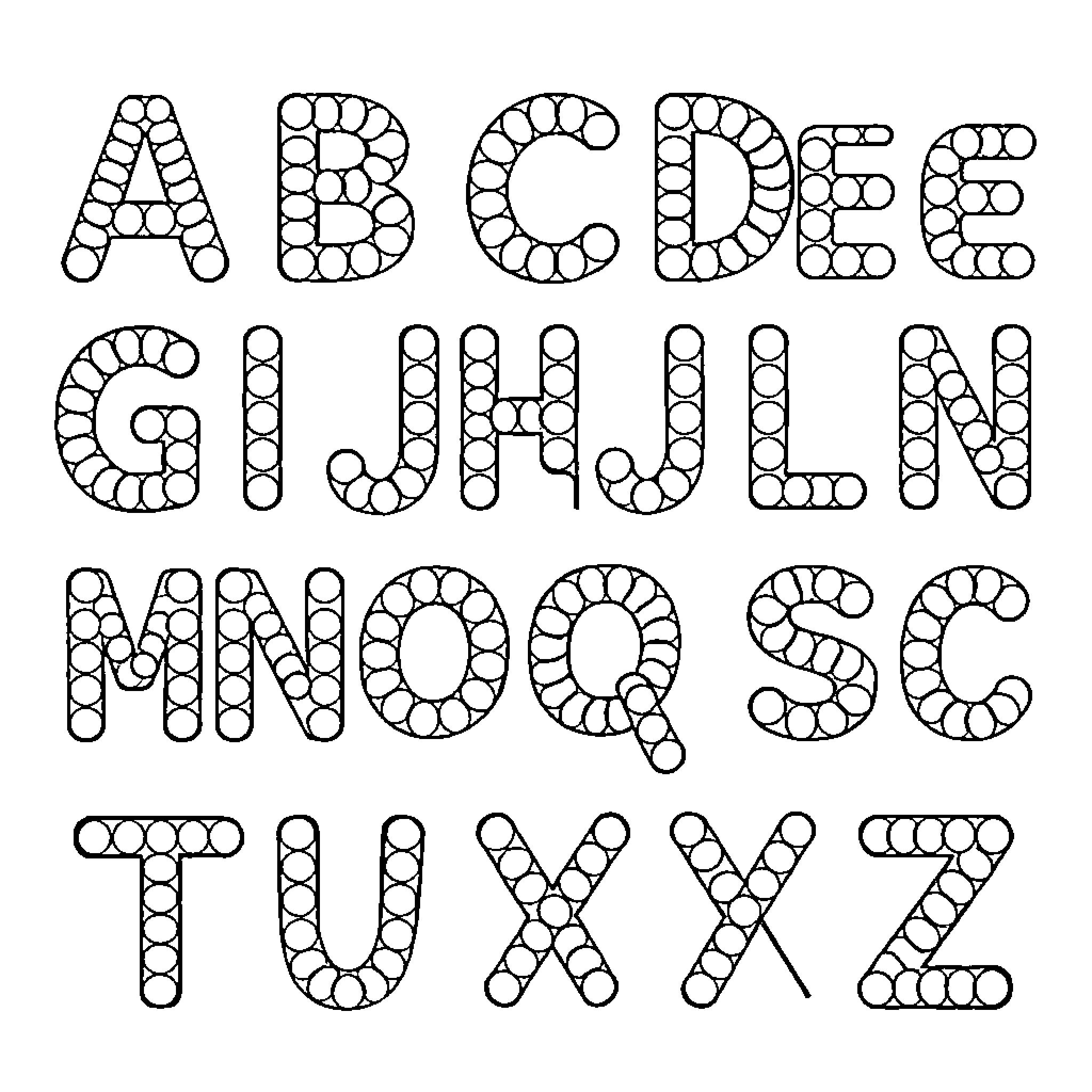 Alphabet of Textured Shapes and Patterns Coloring Page (free black-and-white line drawing printable PDF for all, from beginners to advanced learners, including children, teens, adults, and seniors)