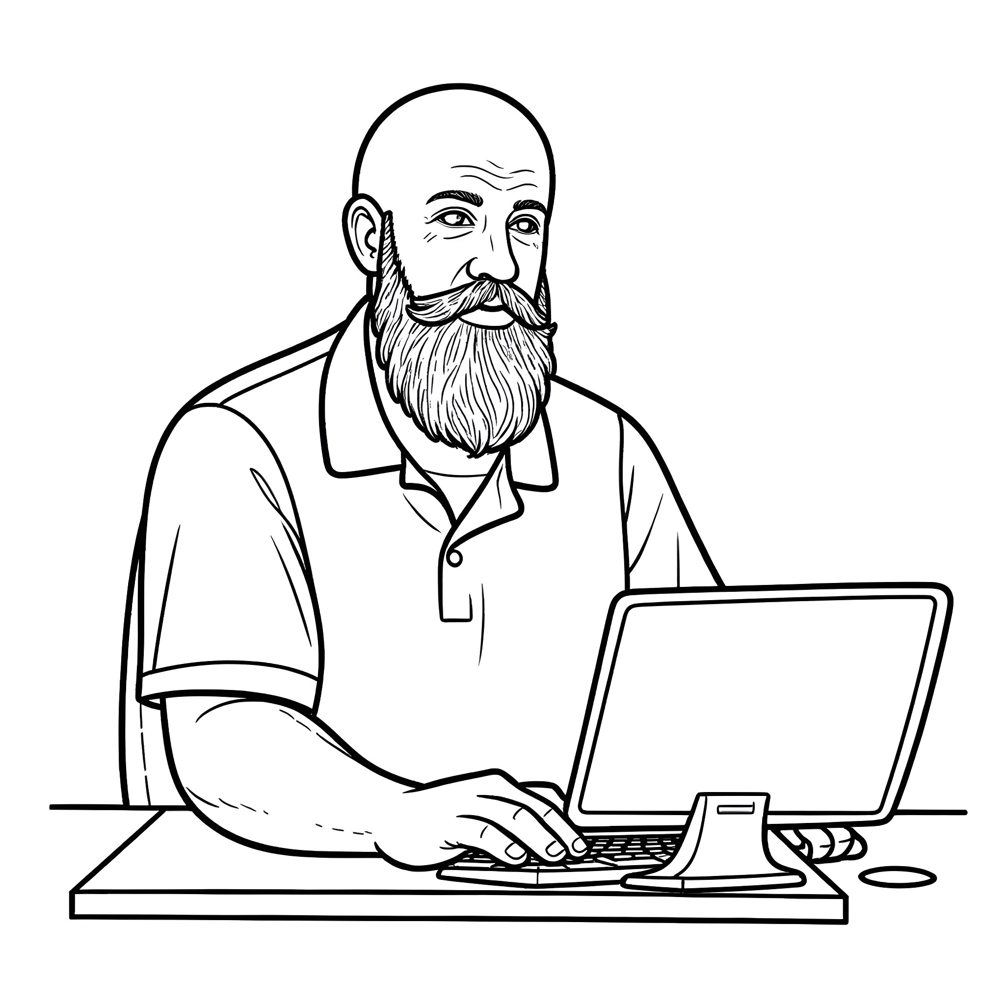 Man working diligently on computer at desk Coloring Page (free black-and-white line drawing printable PDF for all, from beginners to advanced learners, including children, teens, adults, and seniors)