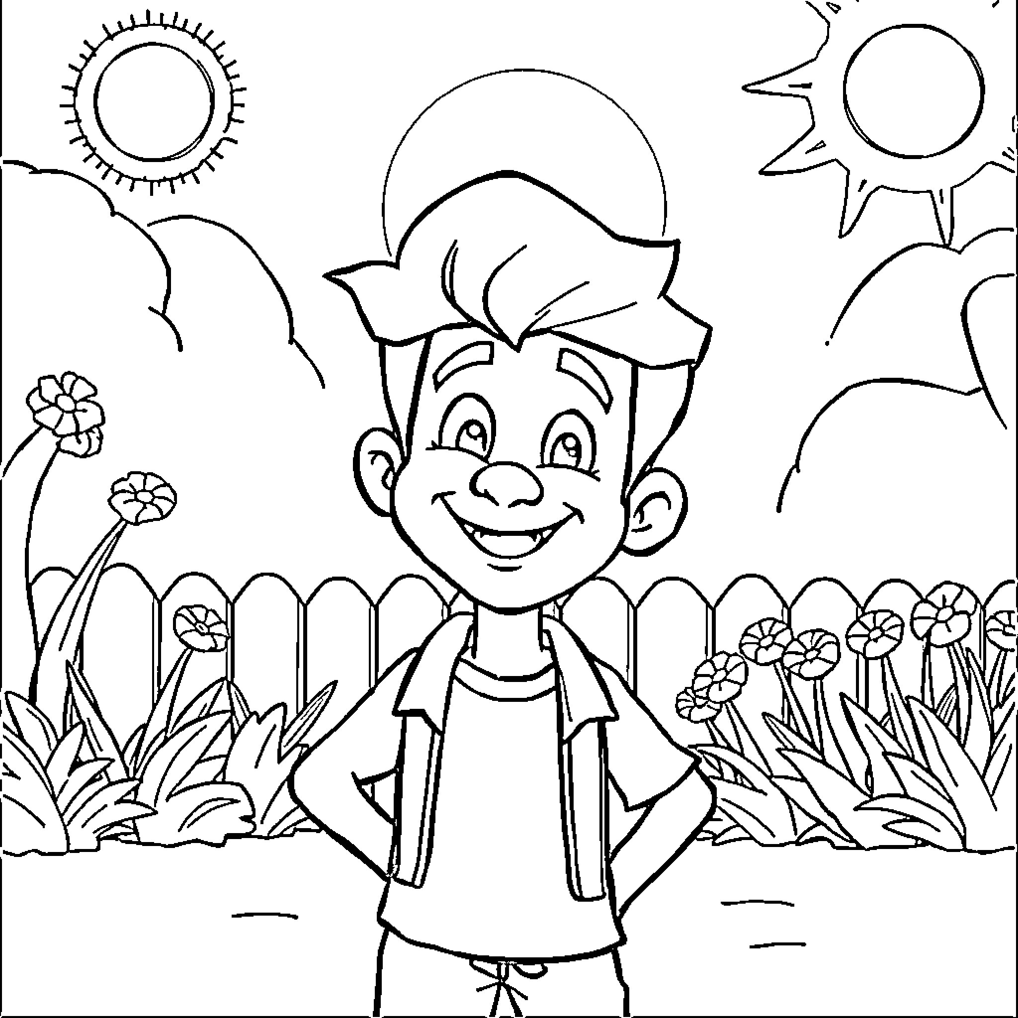 Reno's Whimsical Adventure in the Sunny Garden Coloring Page (free black-and-white line drawing printable PDF for all, from beginners to advanced learners, including children, teens, adults, and seniors)