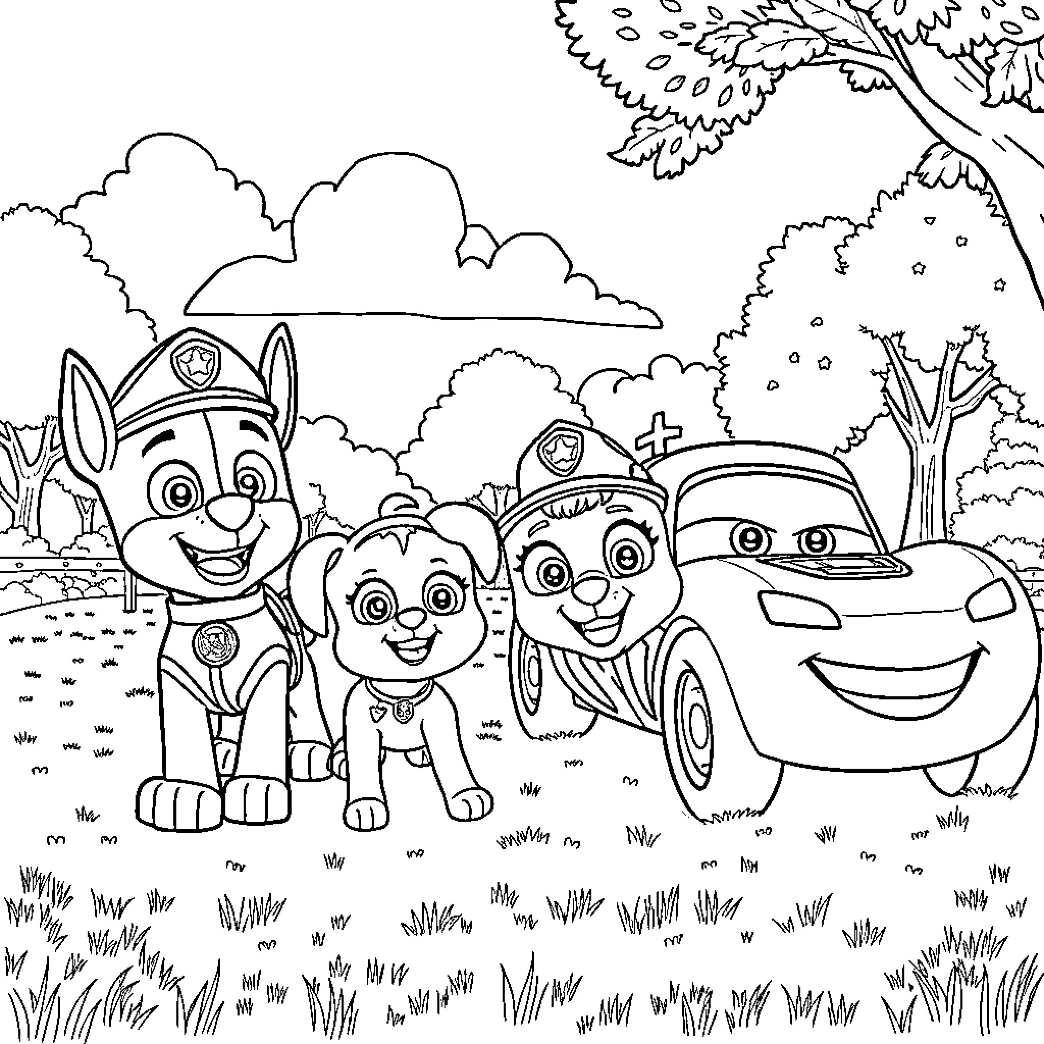 Paw Patrol characters exploring the great outdoors Coloring Page (free black-and-white line drawing printable PDF for all, from beginners to advanced learners, including children, teens, adults, and seniors)