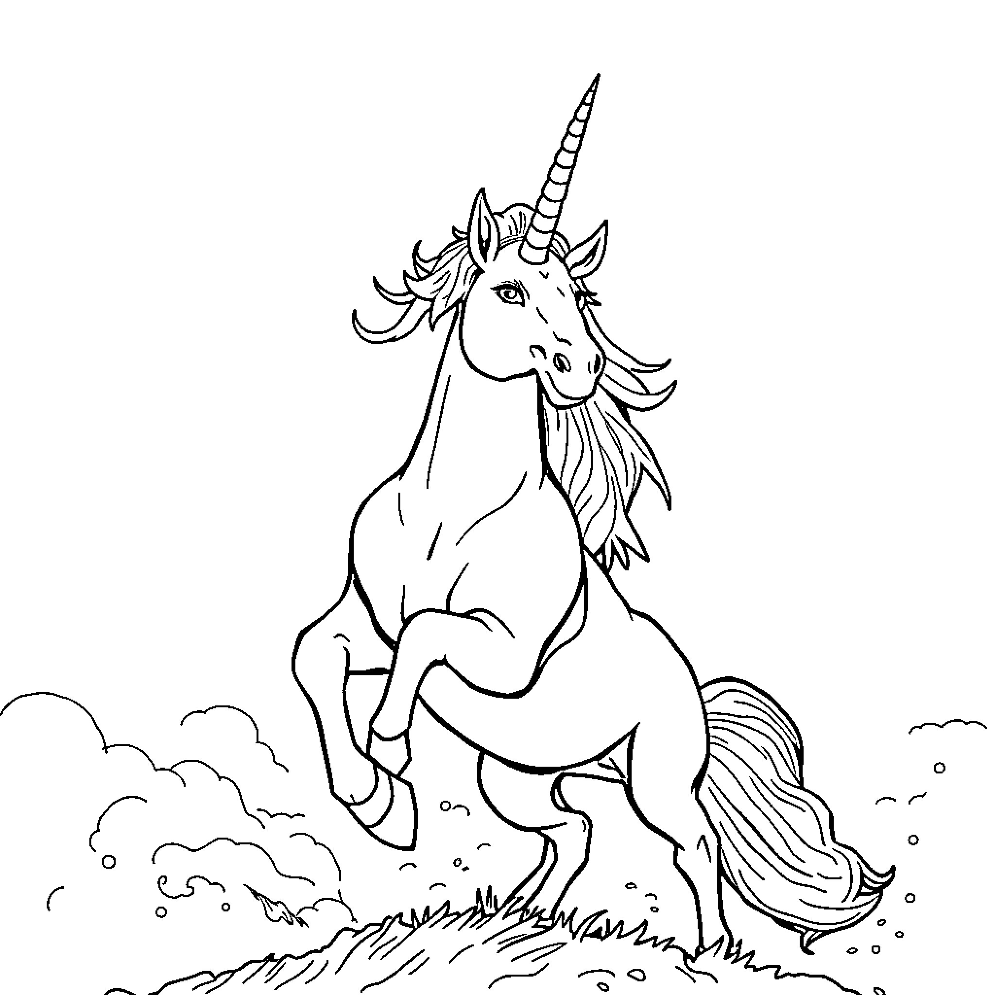 Unicorn prancing in the clouds Coloring Page (free black-and-white line drawing printable PDF for all, from beginners to advanced learners, including children, teens, adults, and seniors)